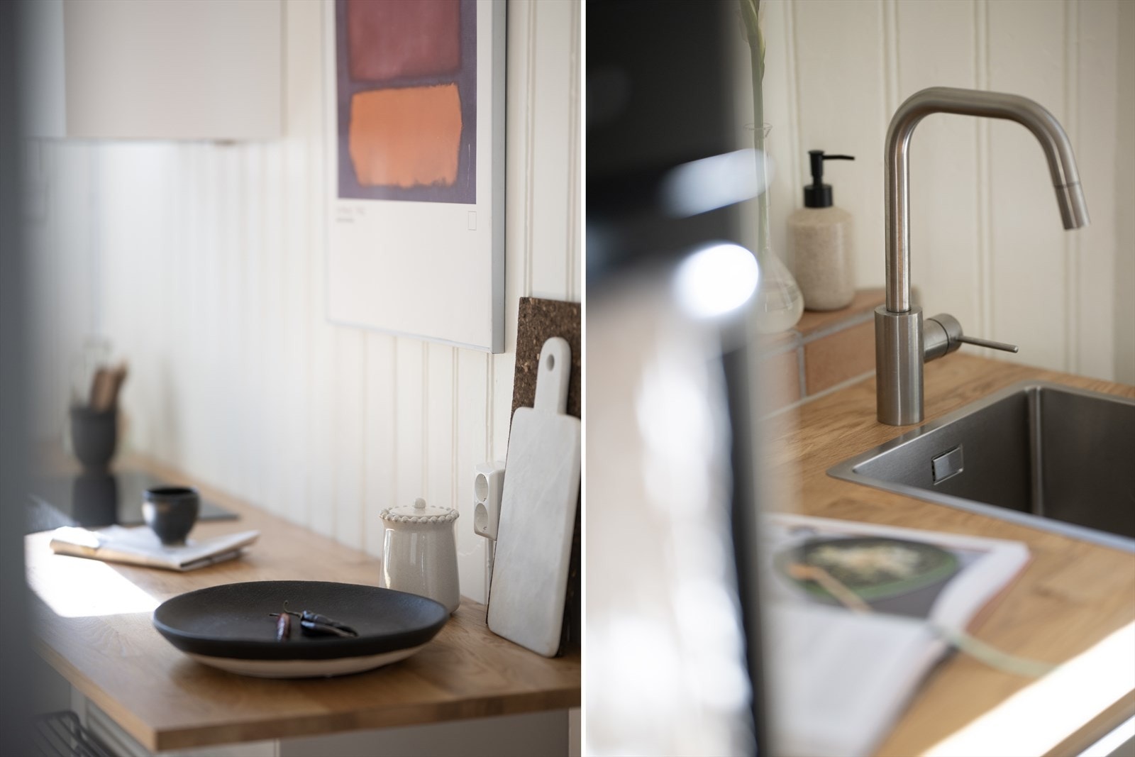 Den solide benkeplaten i heltre gir både varme og karakter, og er utstyrt med en nedfelt kum i rustfritt stål. Galleribilde