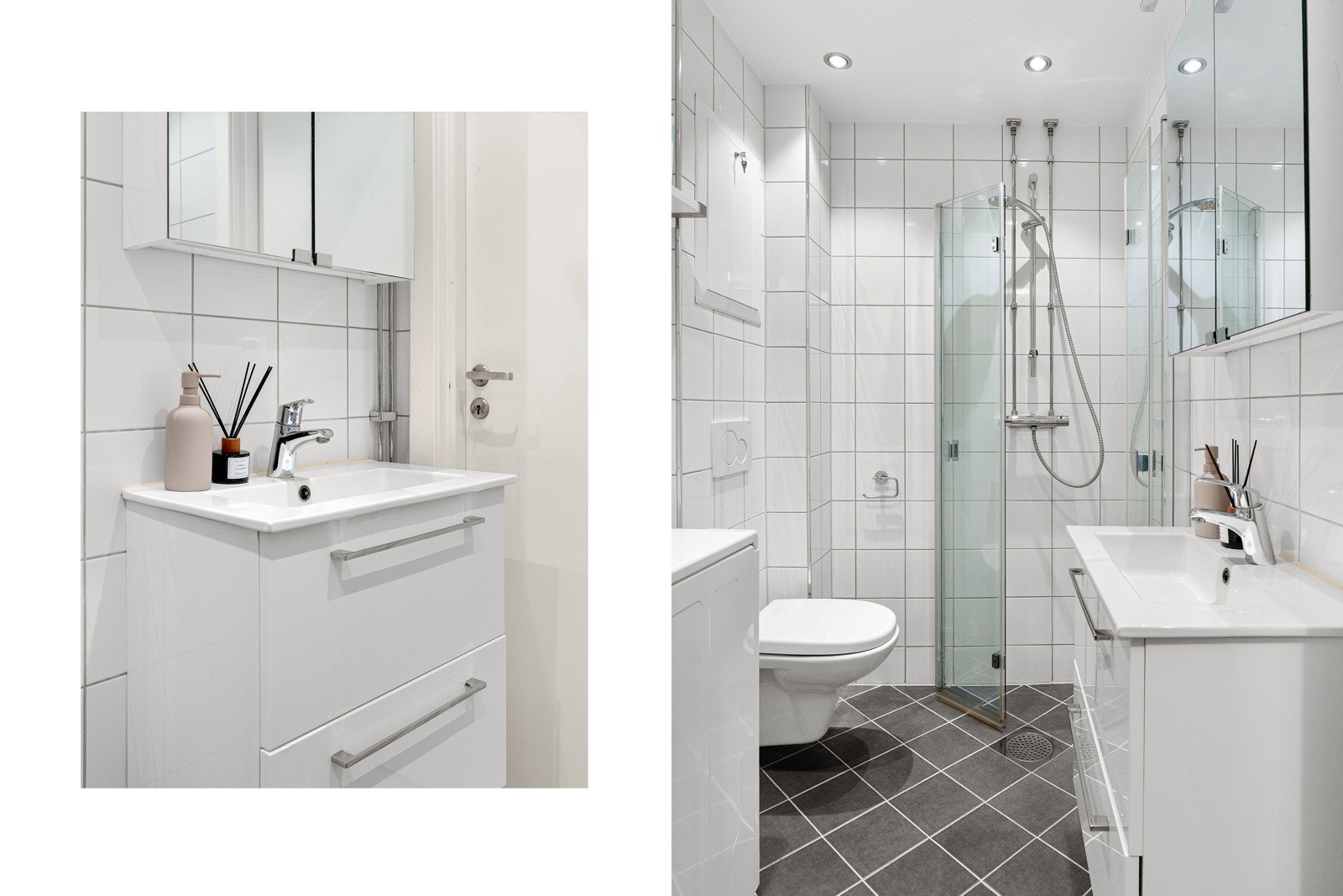 Stilrent baderom fra 2017 etter felles oppussing i regi av sameiet. Husk at varmvannet betjenes gjennom felleskostnadene, så her forblir strømregningene lave Galleribilde