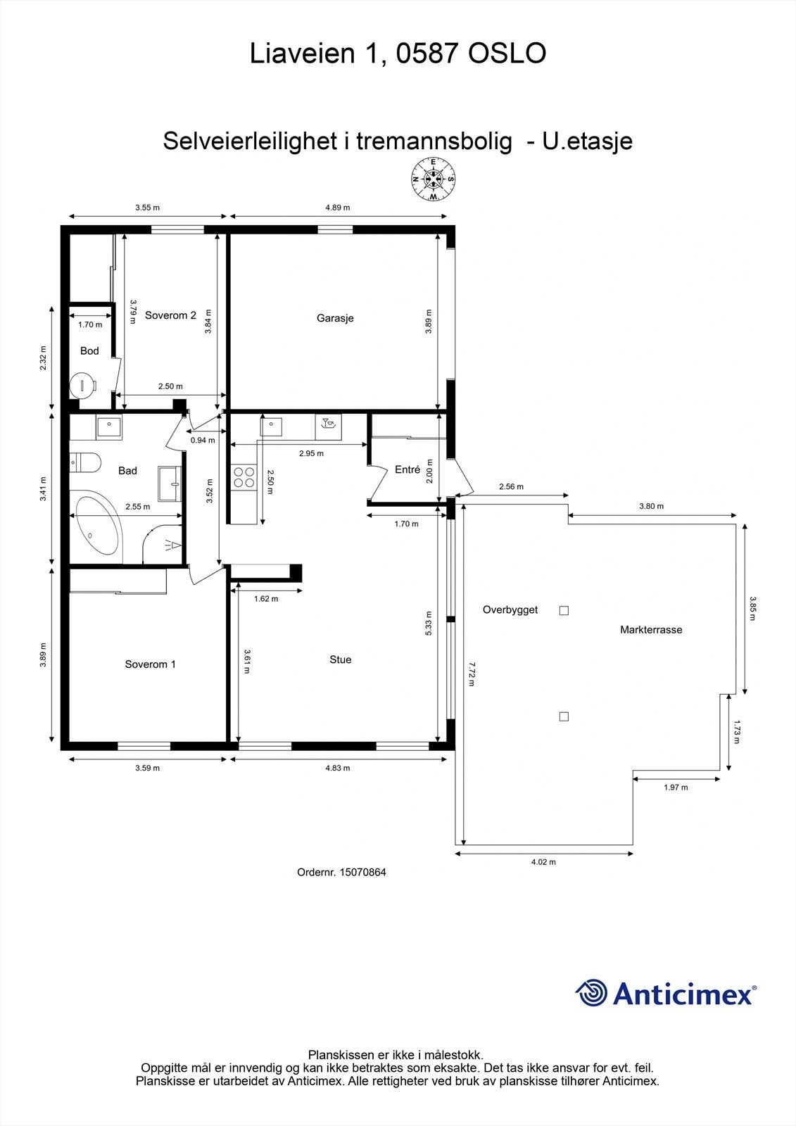 Plantegning (det er i dag blendet igjen en dør mellom seksjon 1 og seksjon 2 ved soverom 2). Galleribilde