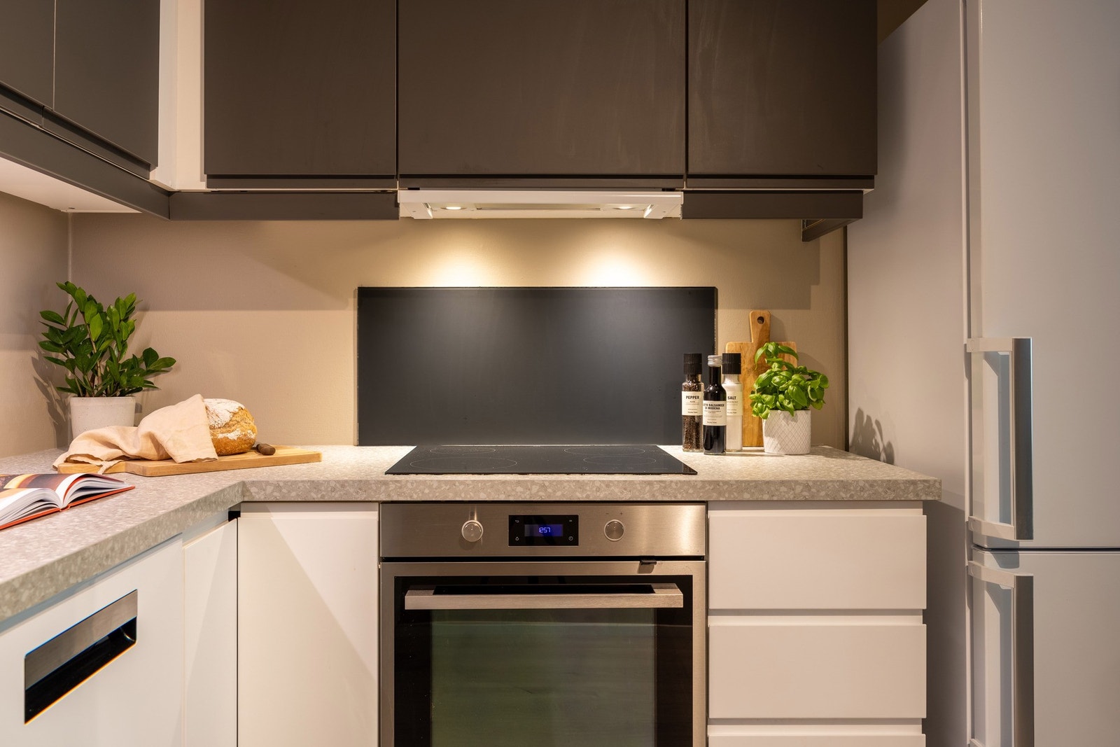 Innredningen har slette fronter og benkeplate av laminat med nedsenket oppvaskkum. Galleribilde