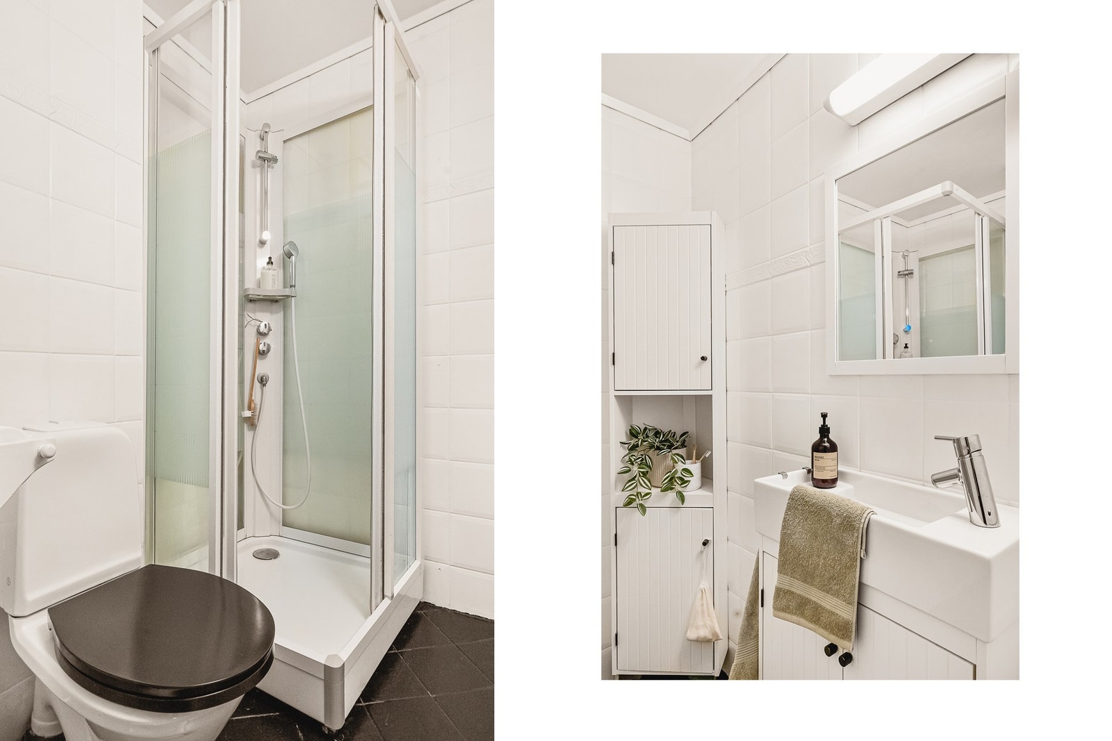 Inneholder innredning med servant, skap, toalett, dusjkabinett, speil og belysning Galleribilde