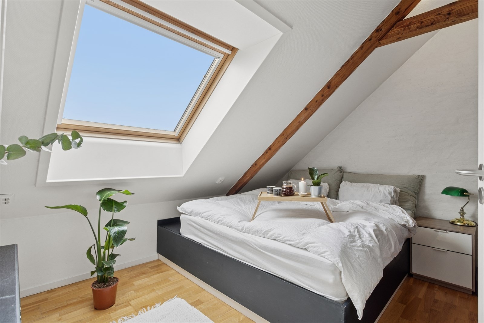 Plassbygd sengeramme som har hylle inntil veggen med lagringsplass under. Galleribilde