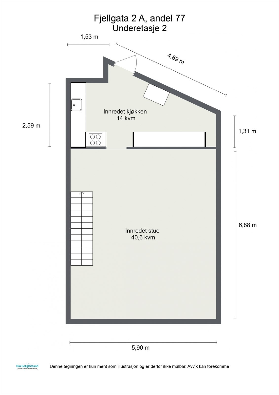 Leilighetens underetasje inneholder stue og kjøkken. Galleribilde