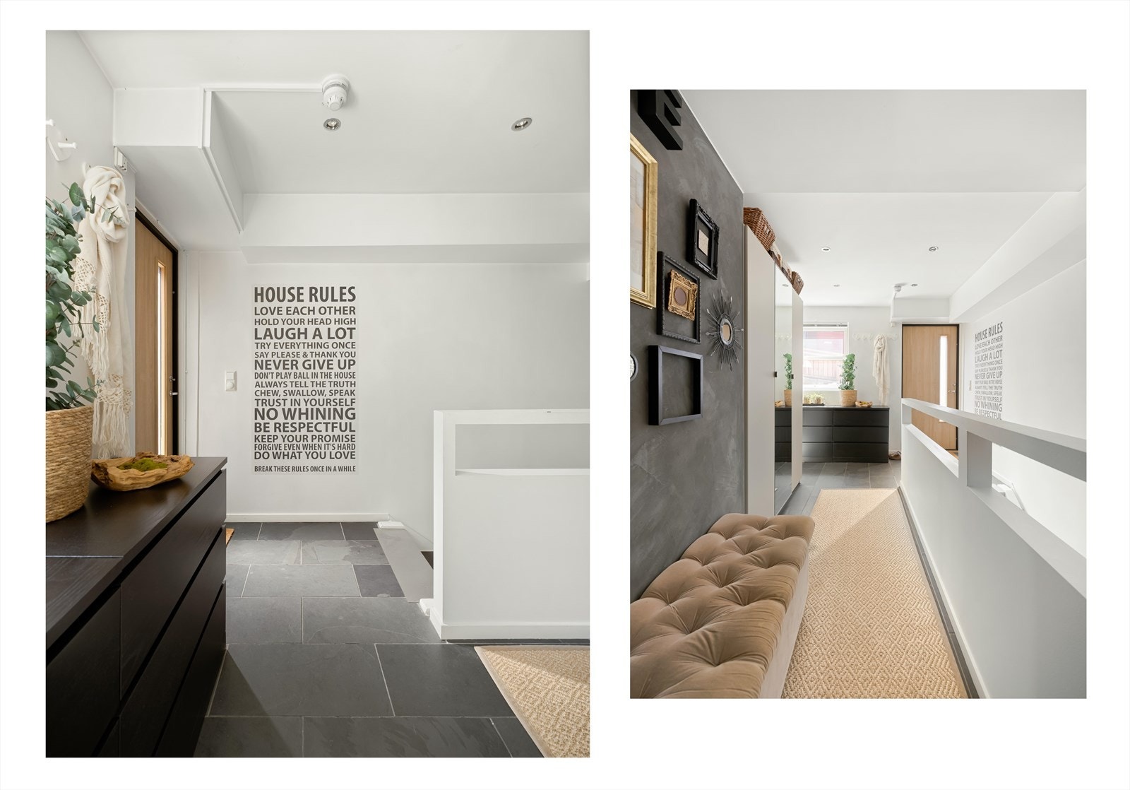 Flislagt entré med trappeforbindelse til underetasjen. Galleribilde