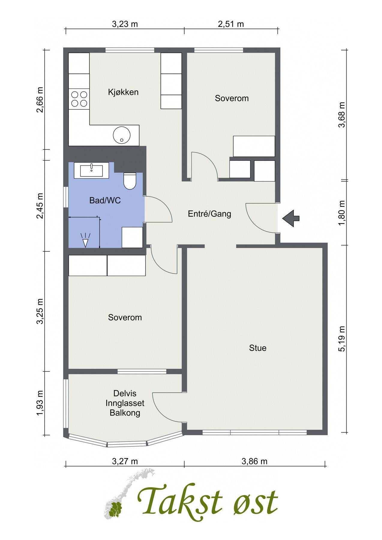 Planløsning i leiligheten. I tillegg har man tilgang på en loftsbod og en kjellerbod. Hhv. 15 kvm gulvareal loftsbod og 3,6 kvm i kjellerbod Galleribilde