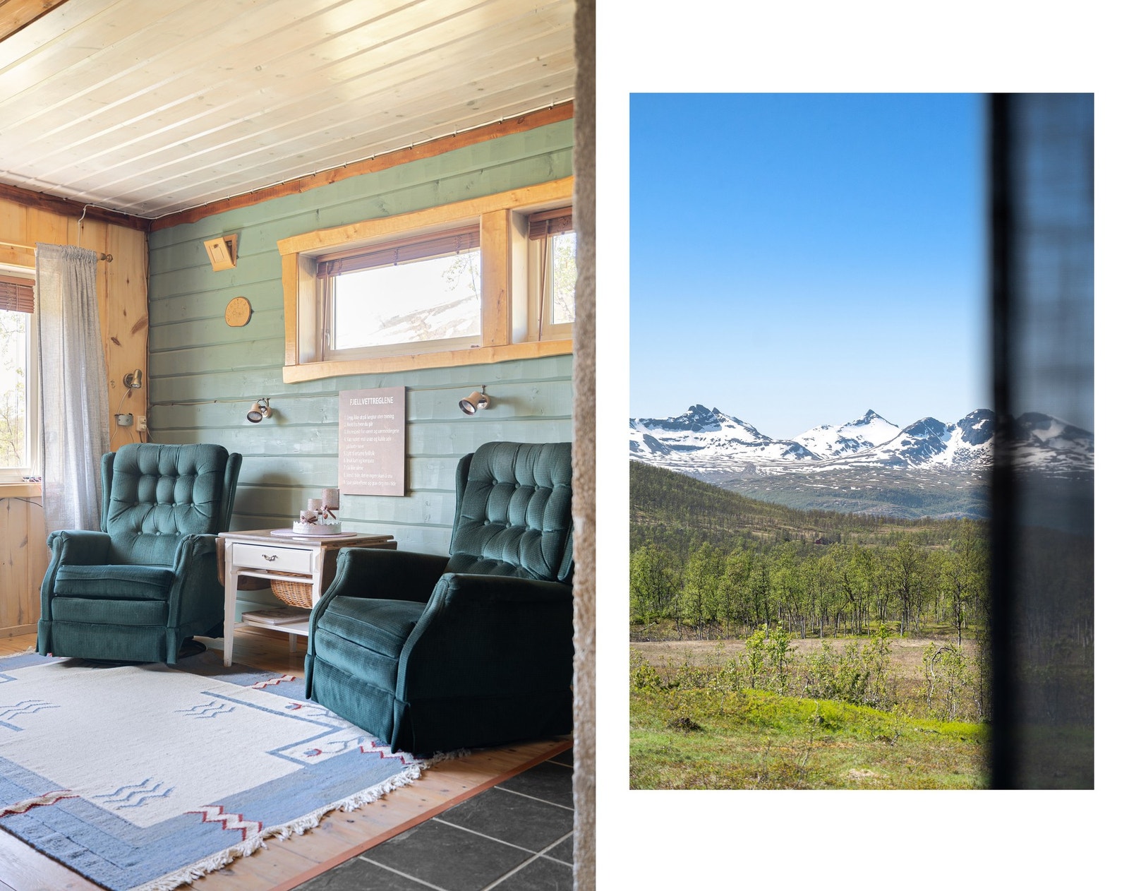 Fra lenestolene i stua kan du lene deg tilbake og nyte den flotte utsikten mot dalen og fjellene utenfor Galleribilde