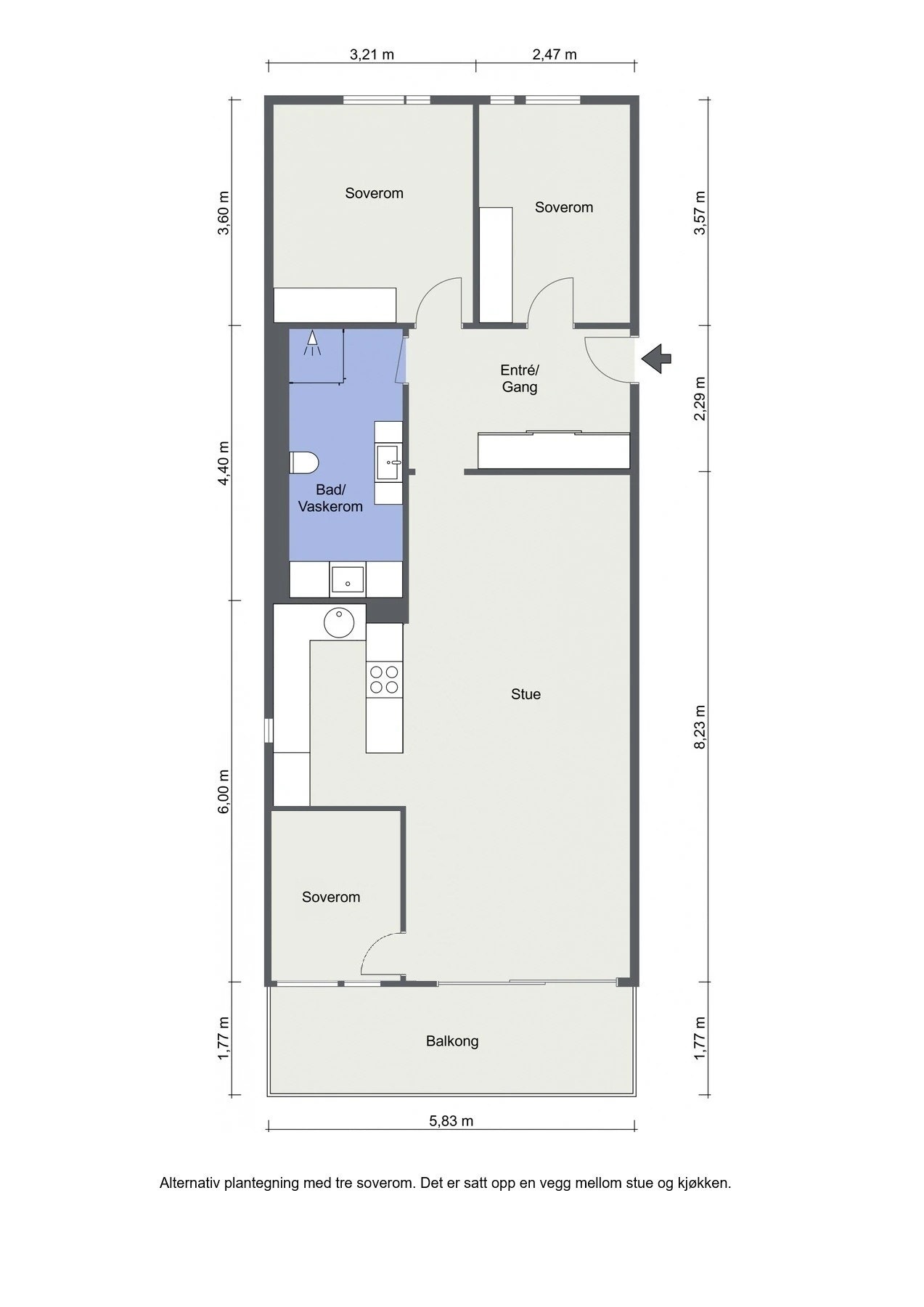 Alternativ planløsning med 3 soverom. Galleribilde