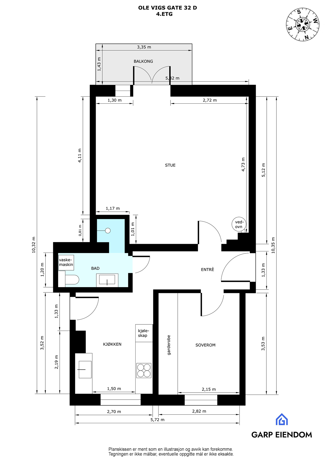 Plantegning - Leiligheten har en god intern beliggenhet i 4. etasje og planløsningen er gjennomgående Galleribilde