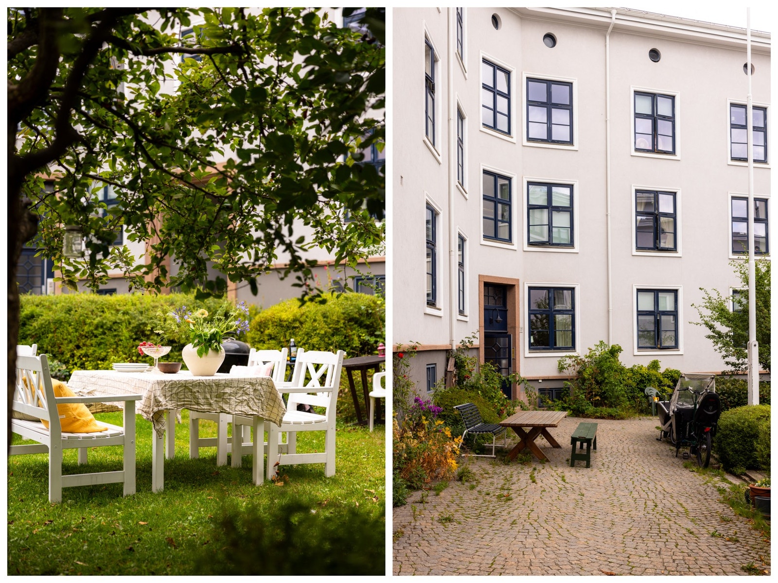 Gårdsrommet er skikkelig koselig, med beplantning og kirsebærtre, sittegrupper og fine solforhold. Galleribilde