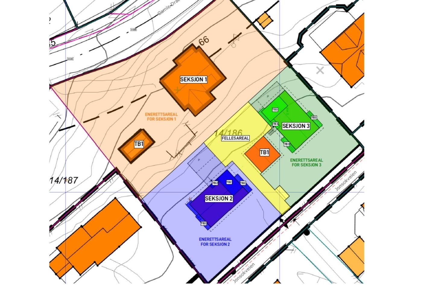 Seksjon 1, som er det eksisterende huset vil disponere den største delen av tomten, i tillegg til andel av fellesareale Galleribilde