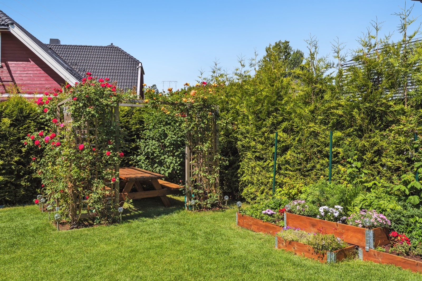 Det er anlagt plantekasser med forskjellige blomster, flott pergola med rosebusker Galleribilde