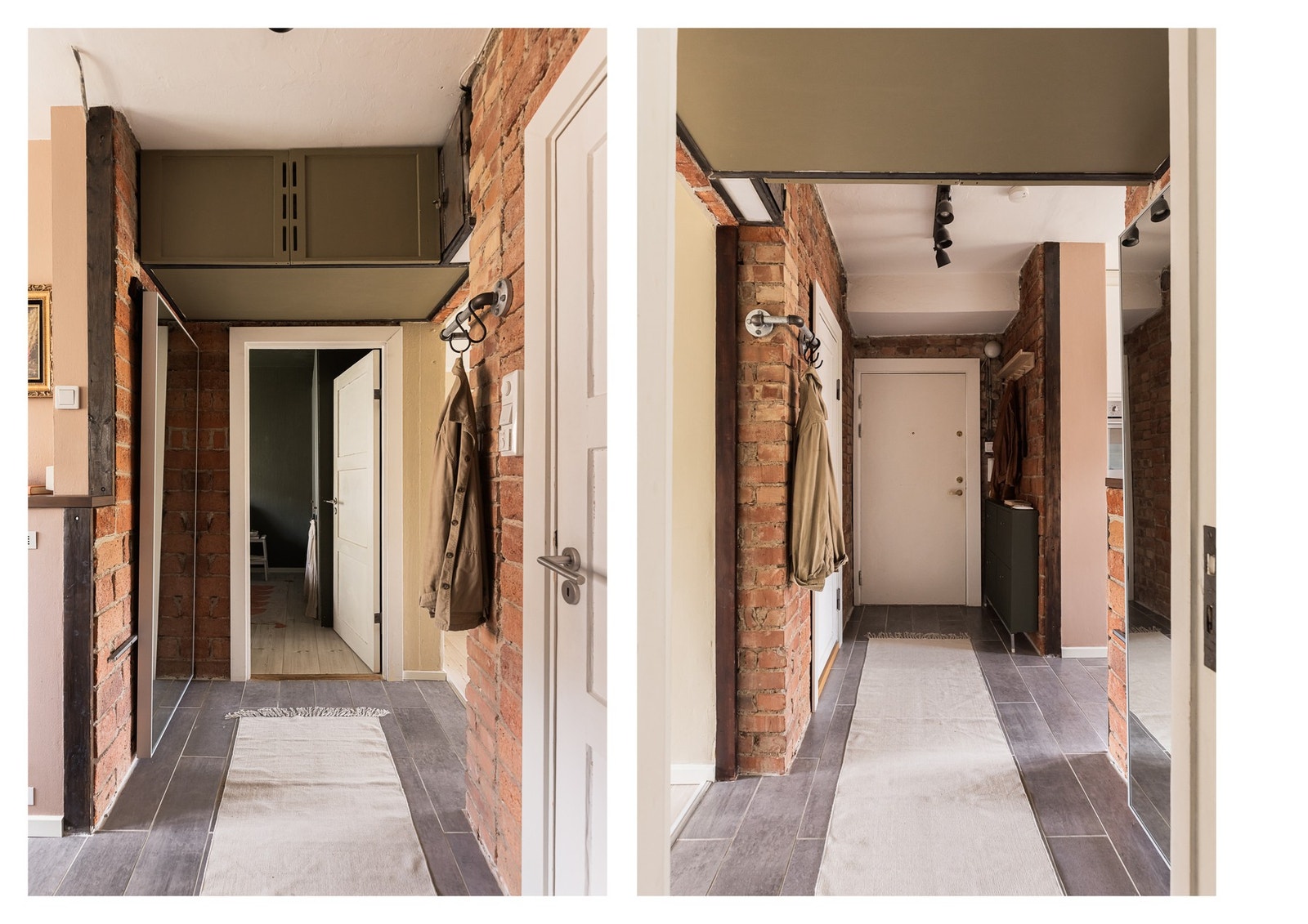 Leiligheten har flere oppbevaringsmuligheter, blant annet er det skjult garderobe i gangen bak speil. Galleribilde