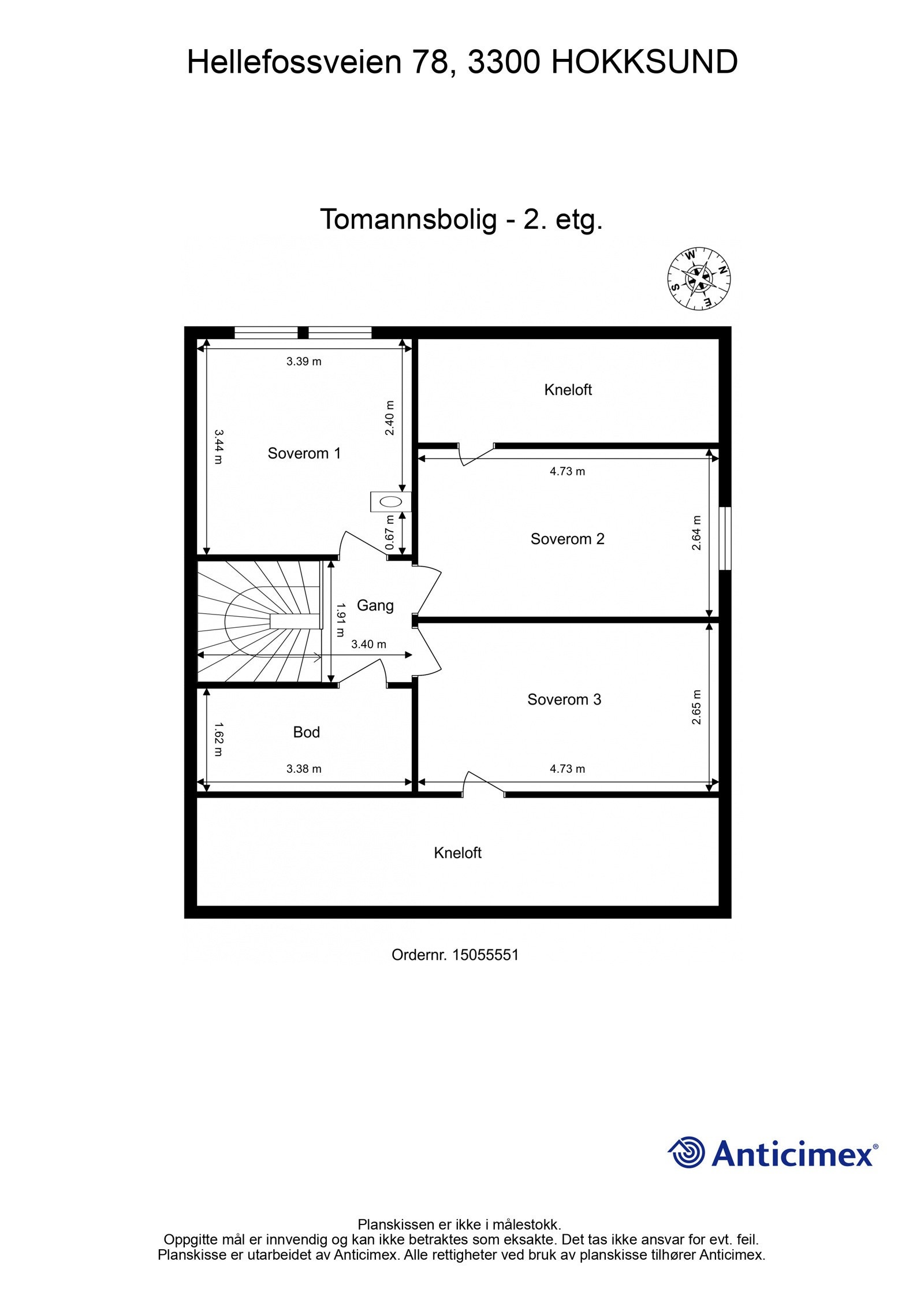 plantegning 2 etasje. Her er det 2 soverom samt en bod. Det tredje soverommet er loftsstue i byggetegningene, men har blitt brukt som soverom. Galleribilde