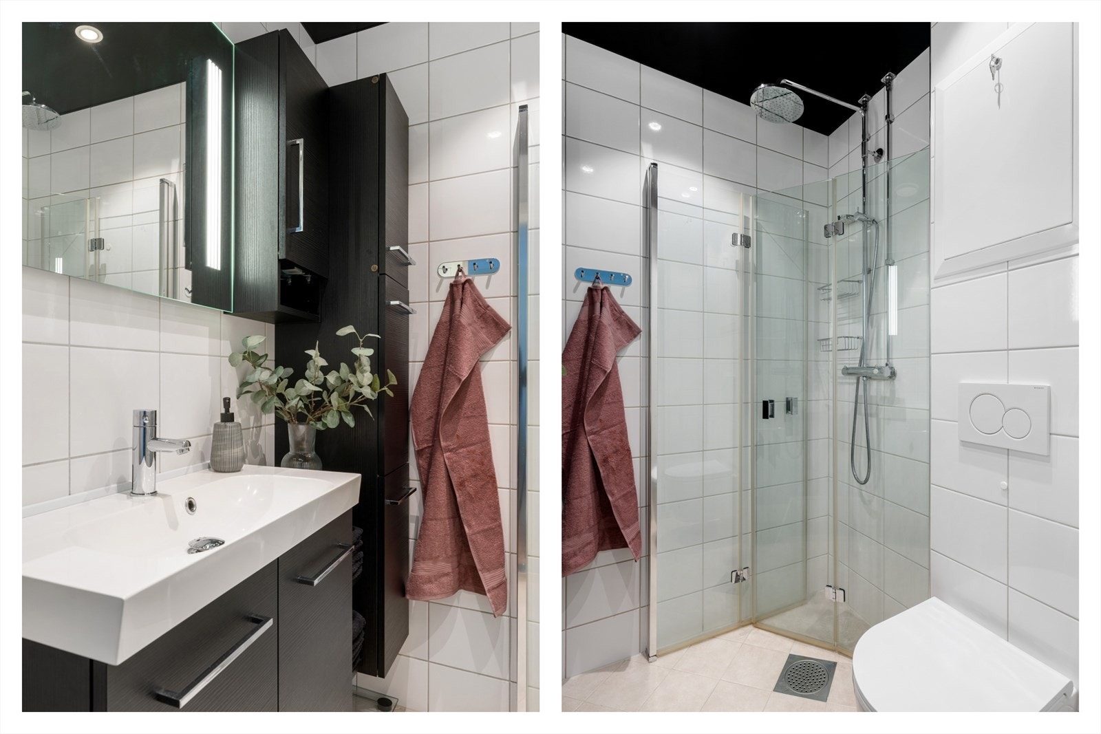 Badet er innredet med servant i underskap, rustfrie stålhyller, høyskap og veggskap som gir god oppbevaringsplass. Videre finner du veggmontert toalett, dusjhjørne med glassvegger samt speil med integrert belysning. Galleribilde