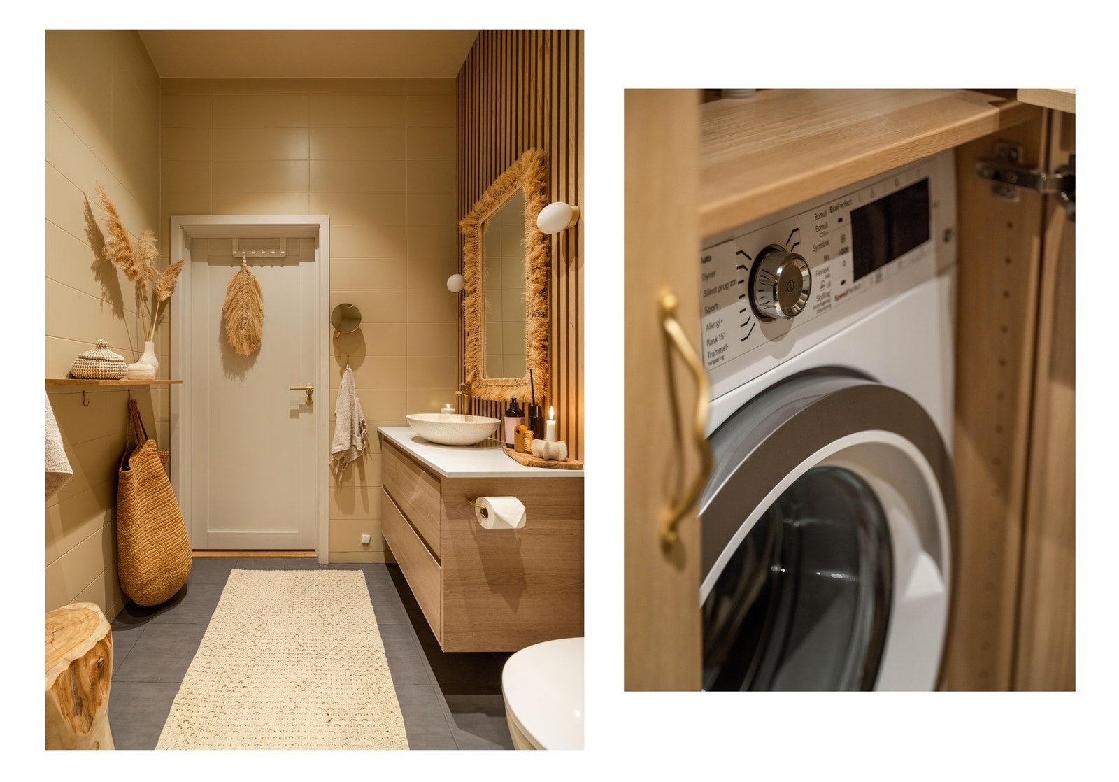 En spilevegg bak badeskapet gir et stilig blikkfang og skaper en flott kontrast i rommet. Skap med plass til vaskemaskin og hylleløsning sørger for praktisk oppbevaring. Galleribilde