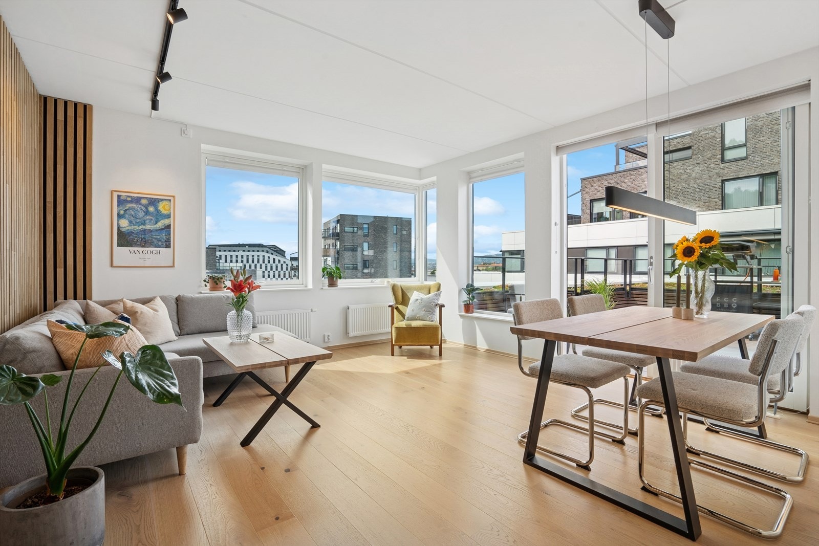 Lys og romslig stue med store vindusflater som fyller rommet med dagslys, og som gir leiligheten et åpent og luftig preg. Galleribilde