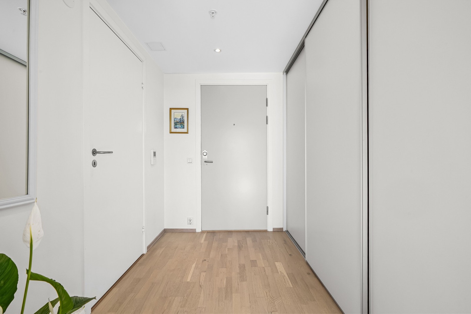 Entreen har parkett og hvitmalte overflater. Jakker og sko kan ryddes unna bak en stor skyvedør hvor det er rikelig med oppbevaringsplass. Galleribilde