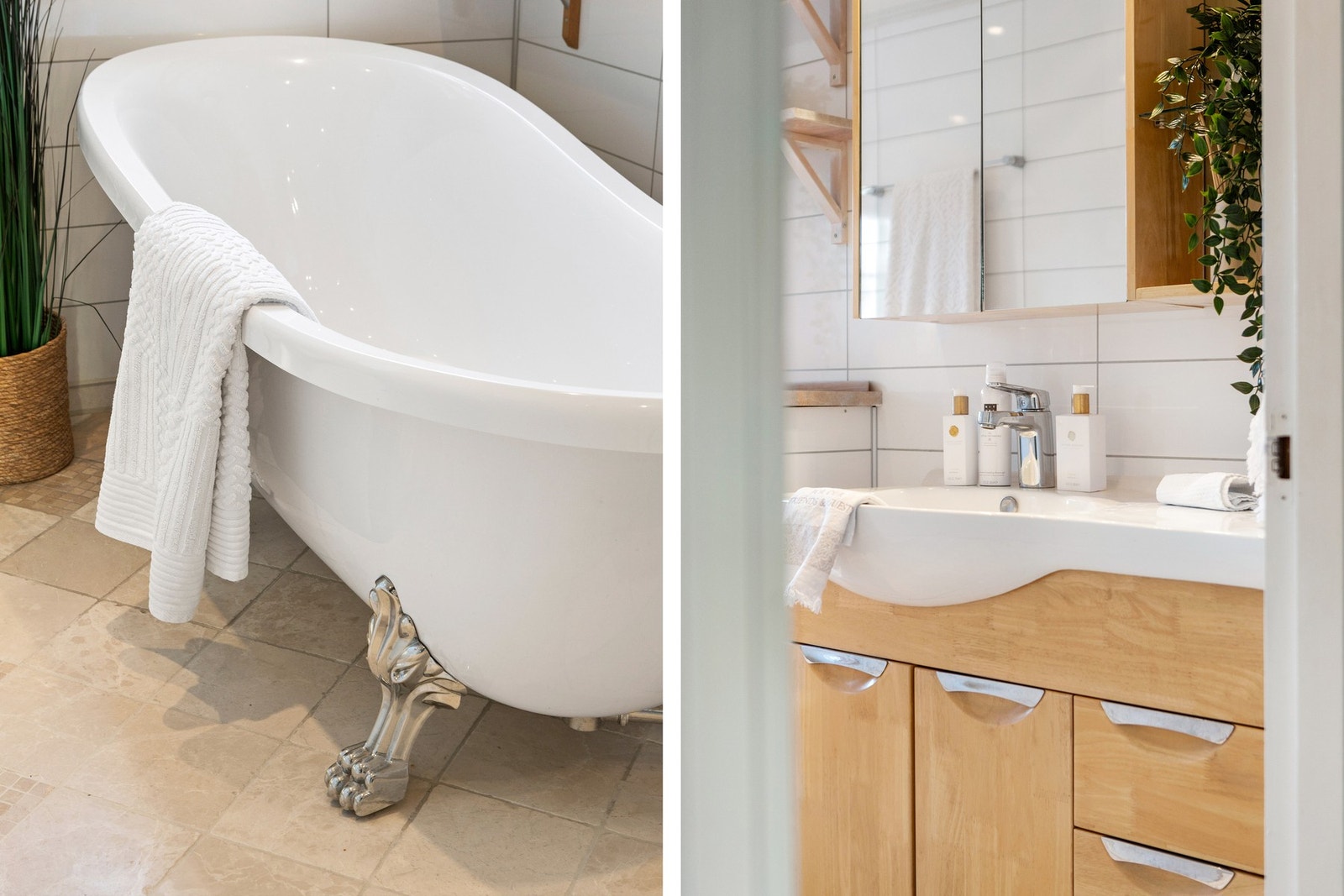 Lyst og stilfullt, innredet med blant annet badekar og vegghengt toalett. Galleribilde