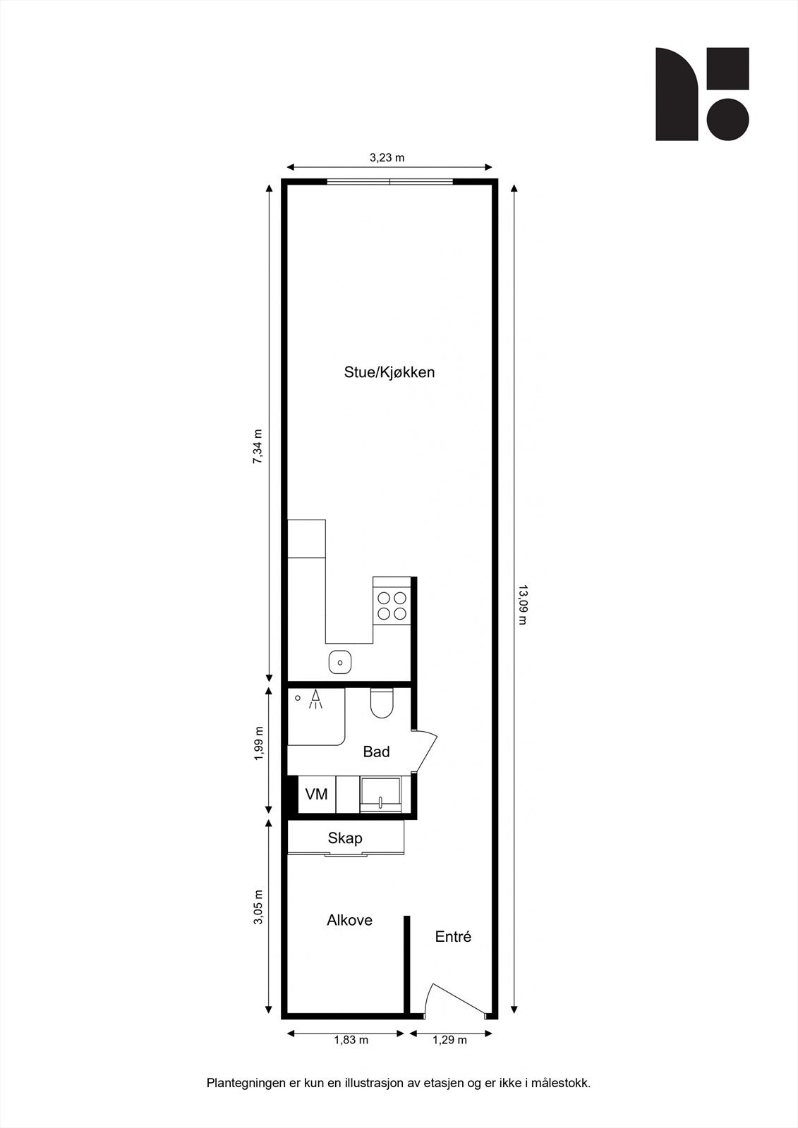 Plantegning. I tillegg disponerer leiligheten en kjellerbod på 2 m2. Galleribilde