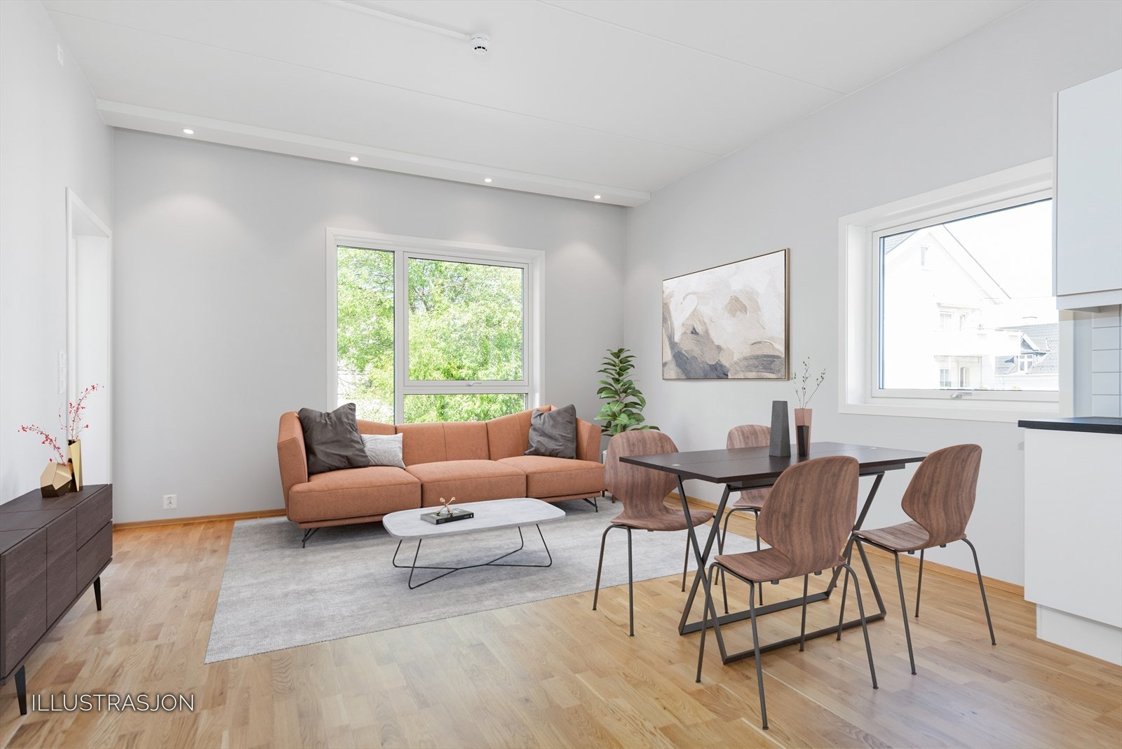 Boligen har en gjennomgående høy standard fra 2018, hvor innvendige vegger er utført i en lys farge, hvilket gjør rommene tidløse og lette å like Galleribilde