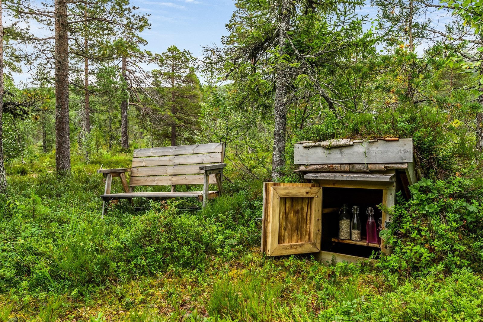 Ved hytteinngangen finner vi en liten jordkjeller som gjør det mulig å oppbevare kjølevarer med naturlig kjøling. Galleribilde