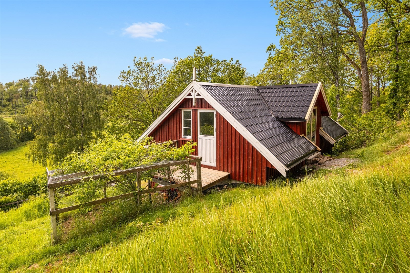 Fasade på hønsehus med inngjerdet område for dyr Galleribilde