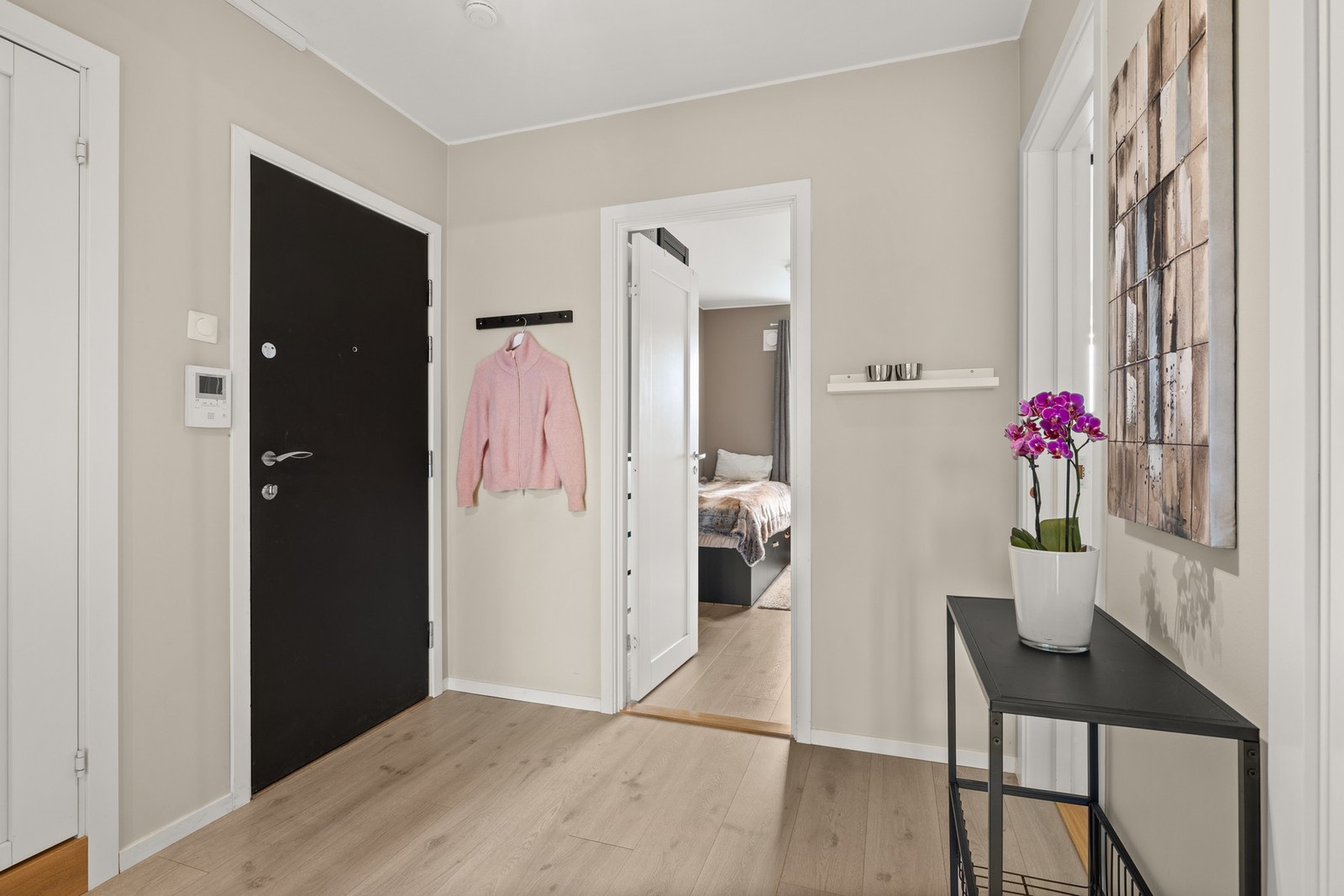 Lys og innbydende entré. Svarapparat med video og portåpner. Galleribilde