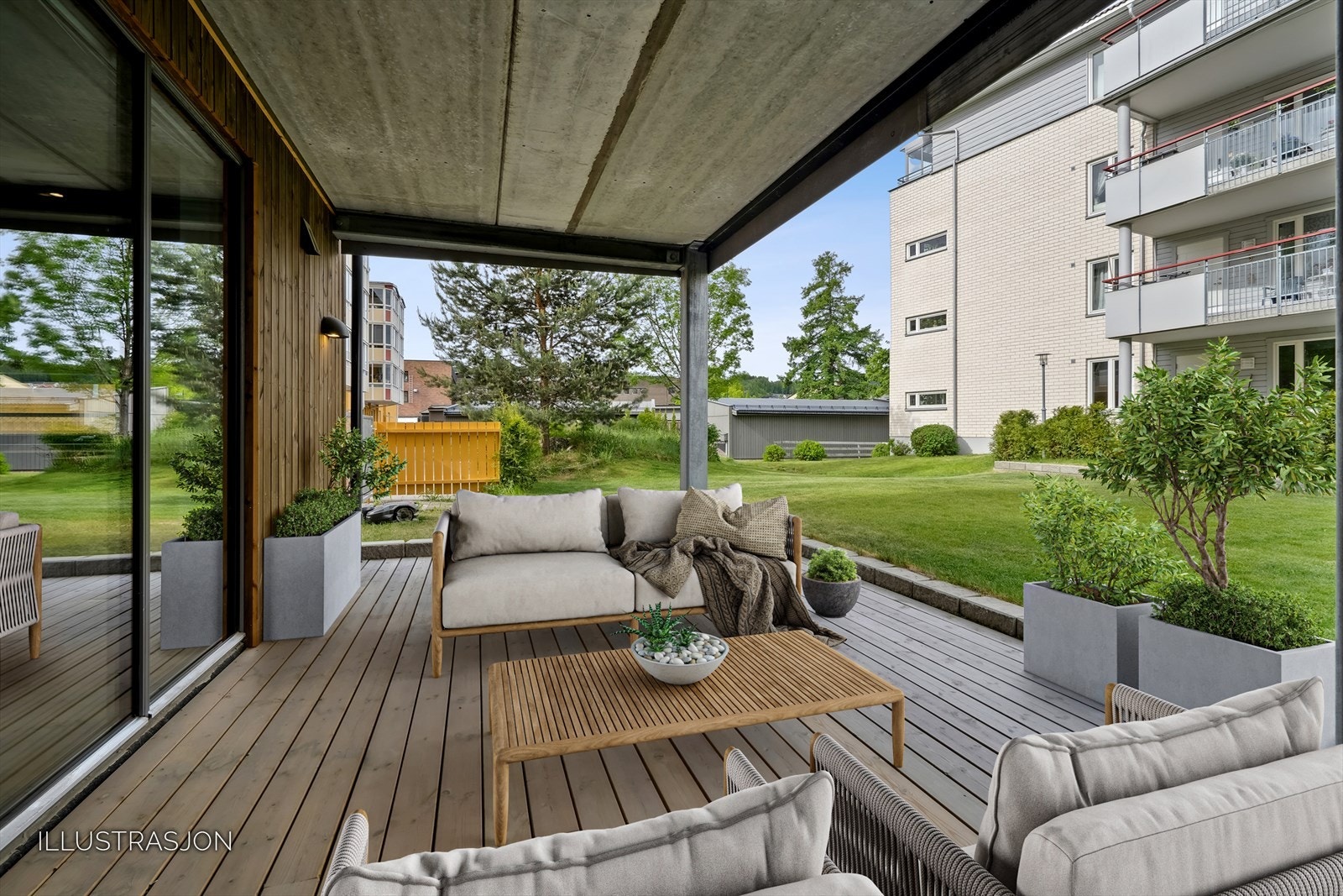 Utenfor stuen, en stor og herlig markterrasse med god plass til utemøbler (Digital møblering) Galleribilde