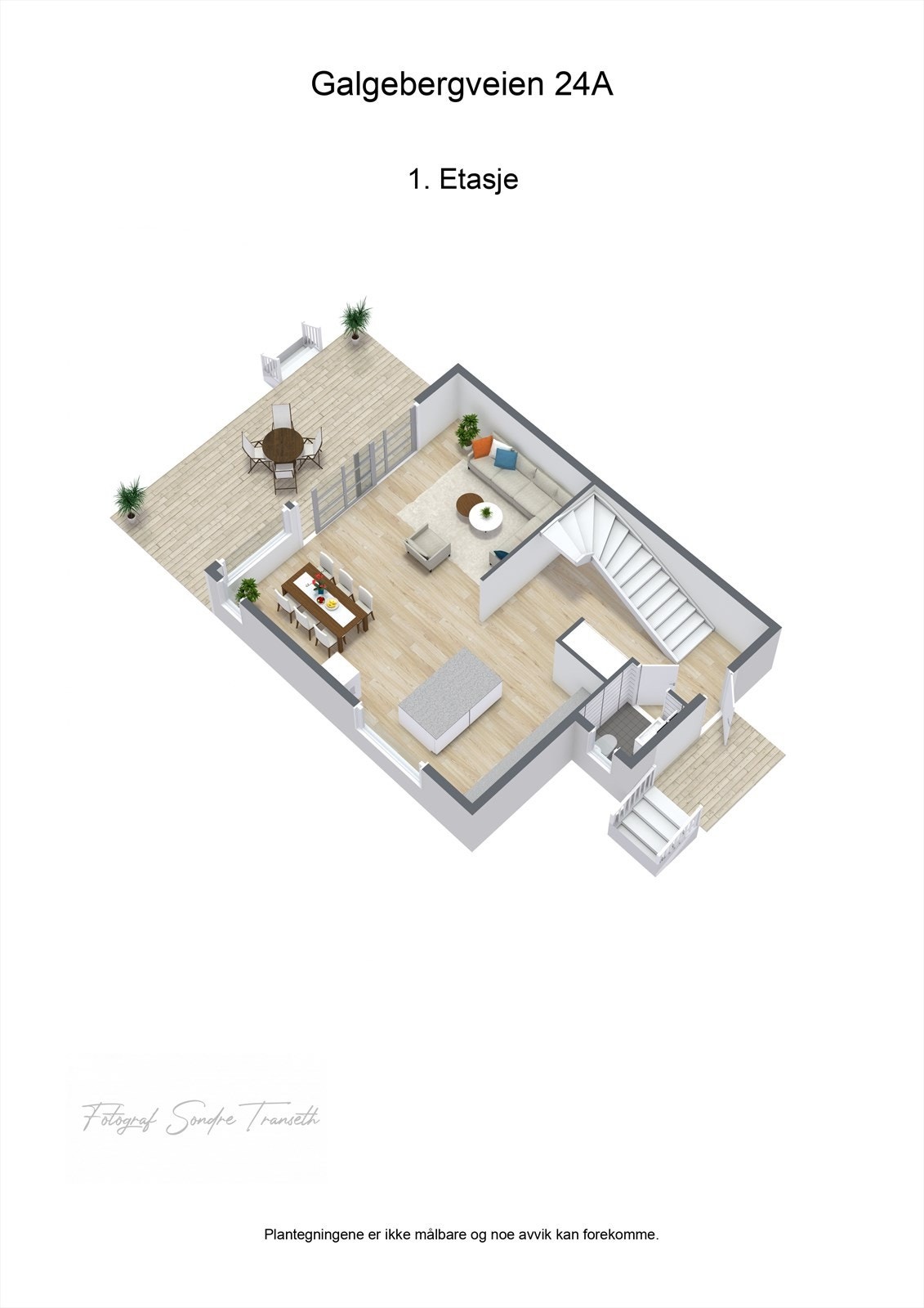 Planløsning 1.etg.: entre/mellomgang, toalettrom, samt en åpen stue/kjøkkenløsning med tilkomst til terrasse og hageområde. Galleribilde