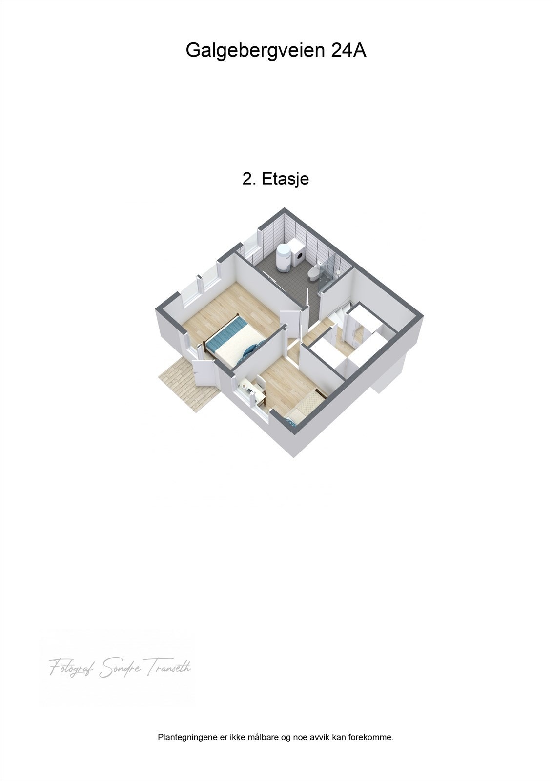 Planløsning 2.etg.: bad/vaskerom, hovedsoverom med tilkomst til balkong, soverom nr. 2, samt bod/walk-in garderobe. Galleribilde