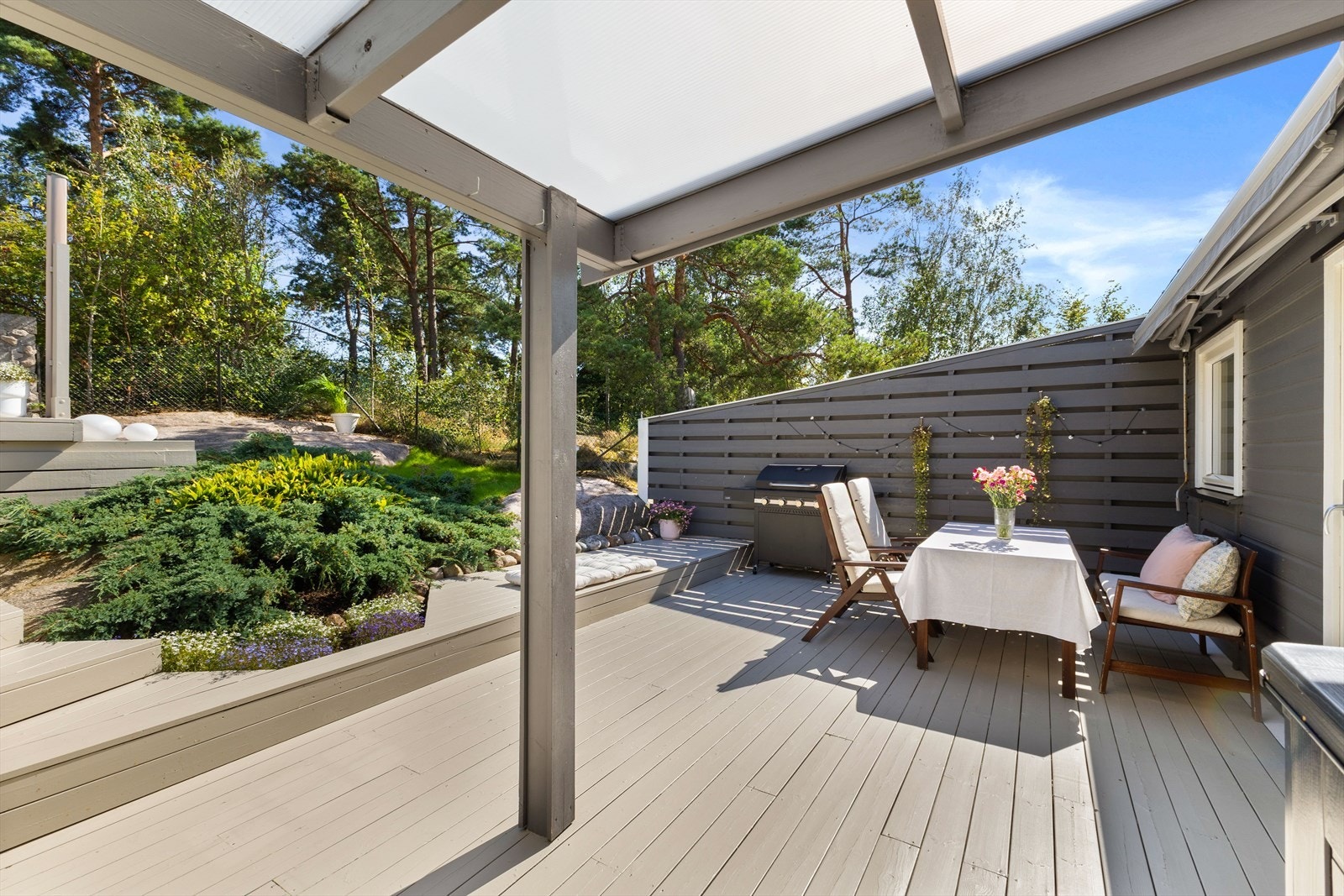 Deler av terrassen er overbygd. Galleribilde