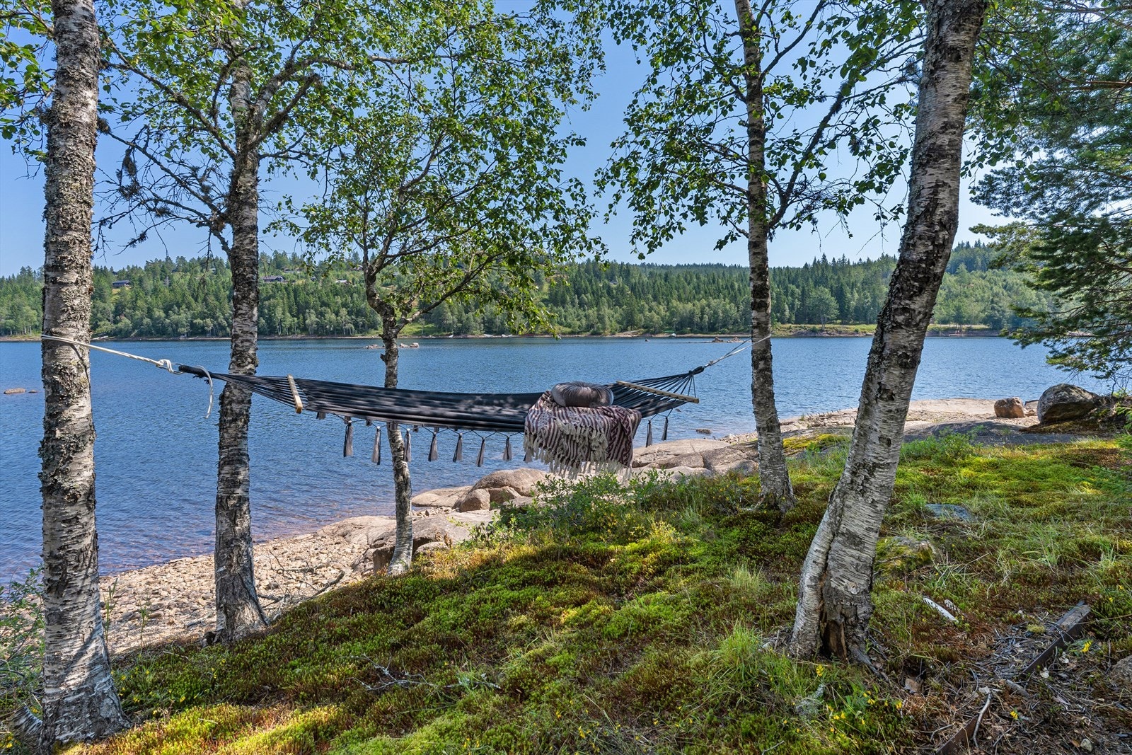 Slapp av i hengekøya og nyt lyden av bølgeskvulp - her har du utsikt til vann, skog og total ro. Galleribilde
