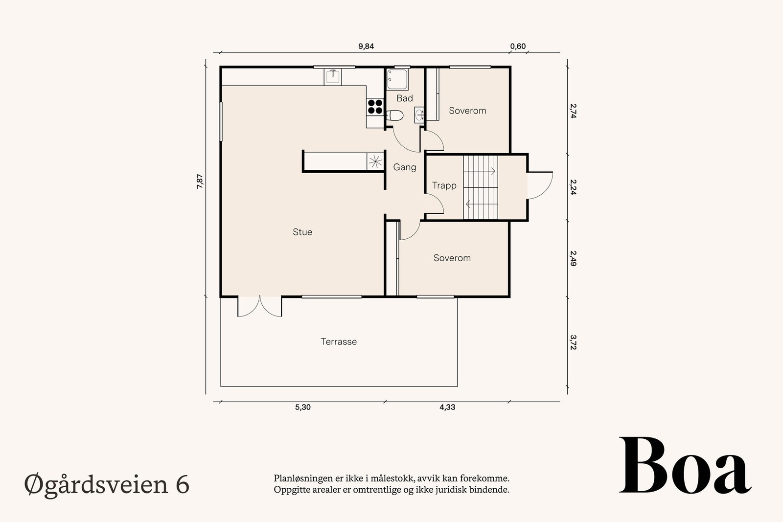 1. etasje: Entre/trappegang, gang, bad, 2 soverom og stue/spisestue med åpen kjøkkenløsning. Fra stuen er det utgang til terrasse på ca 30 m².Lagringsloft med atkomst via nedfellbar stige. Galleribilde