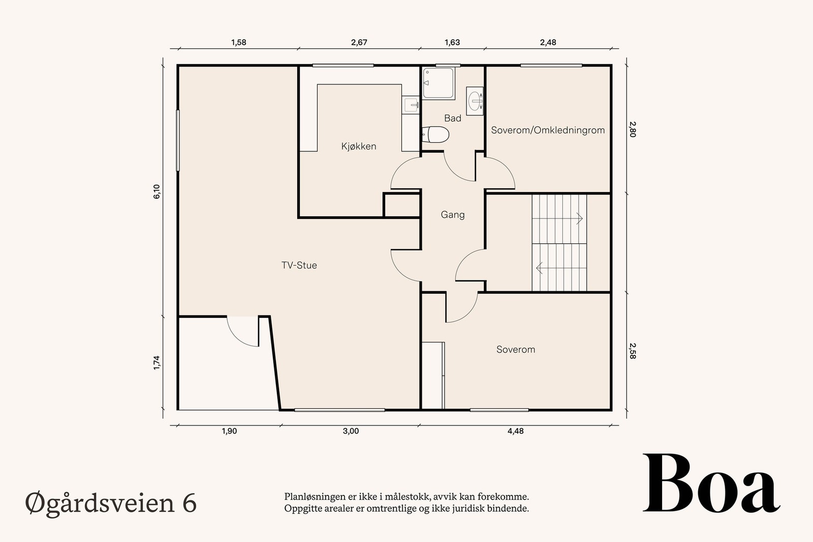 2. etasje: Trappegang, gang, bad, 2 soverom, kjøkken og stue/spisestue. Fra stue/spisestue er det utgang til overbygget terrasse på ca 3 m². Galleribilde