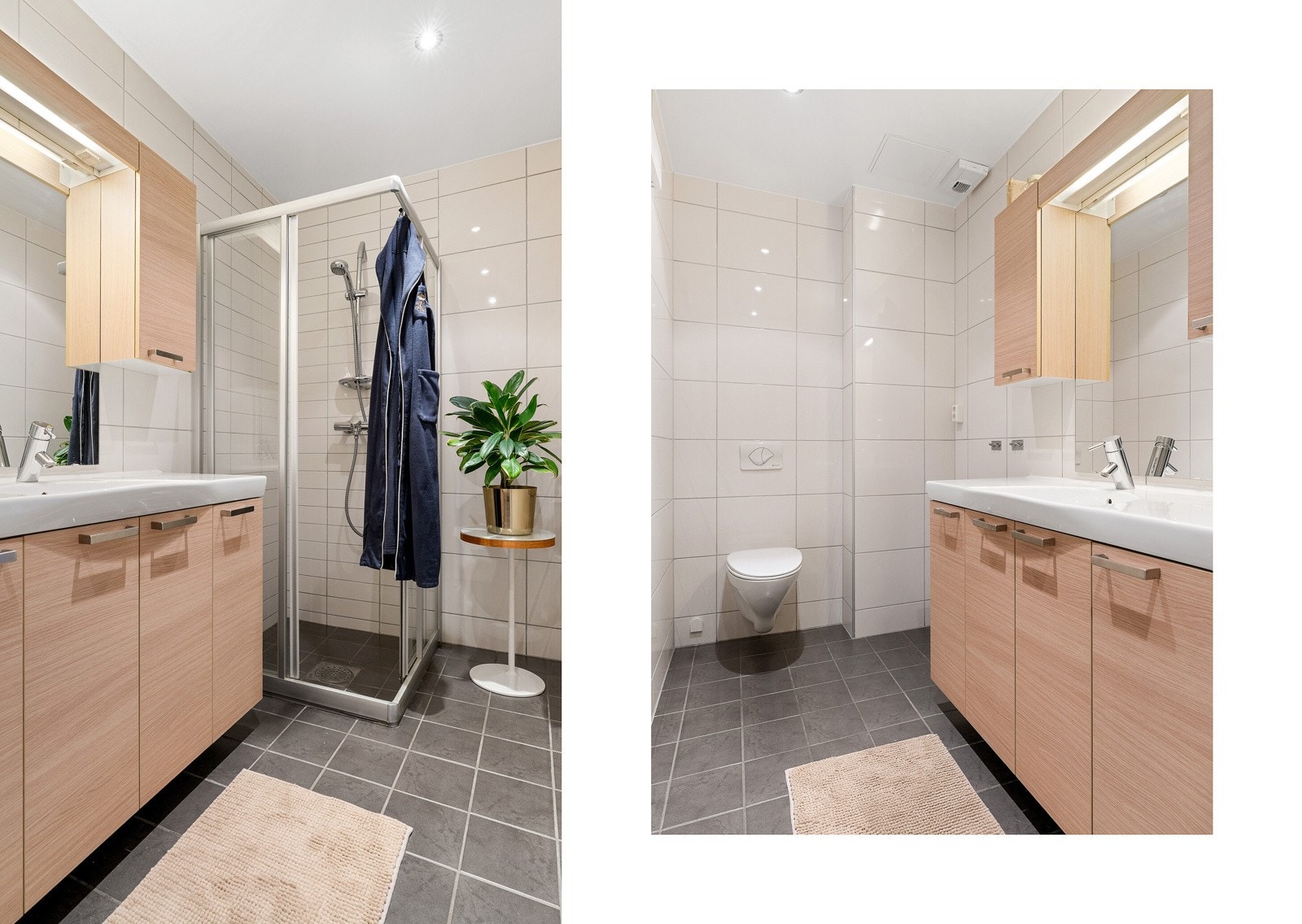 Badet er utstyrt med vegghengt toalett, dusjnisje og et romslig baderomsmøbel med mye lagringsplass. Galleribilde