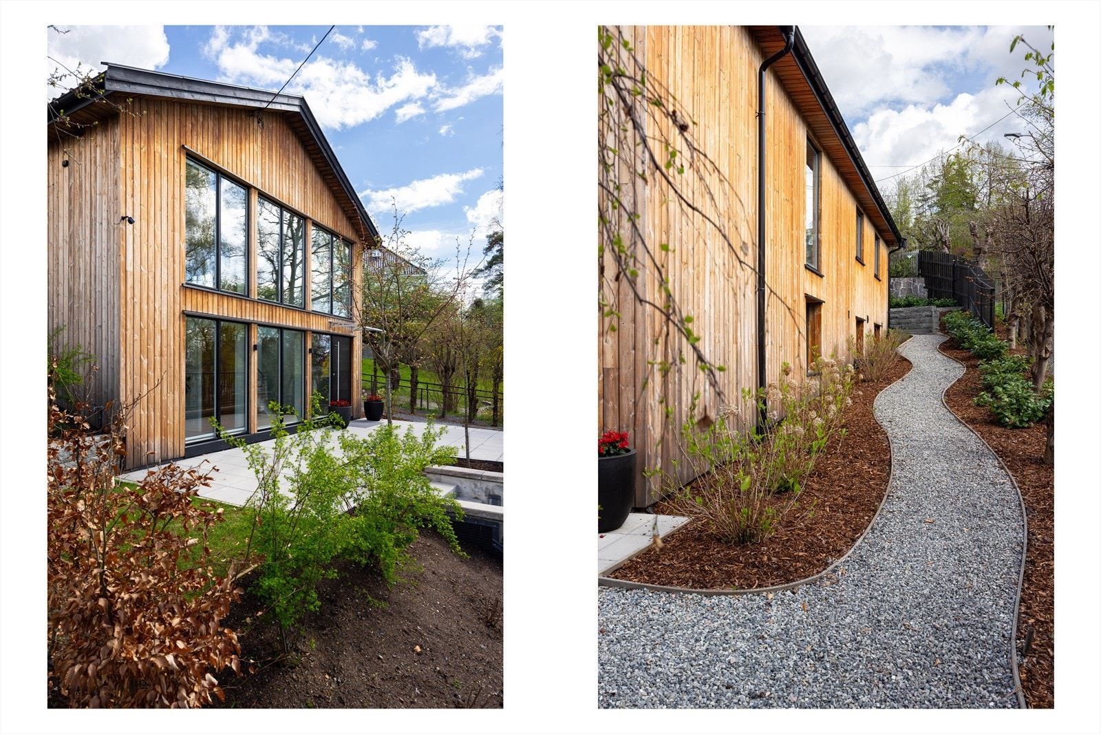 Pent opparbeidet tomt med gressplen, gruslagt gangveier, granittstens støttemur Galleribilde