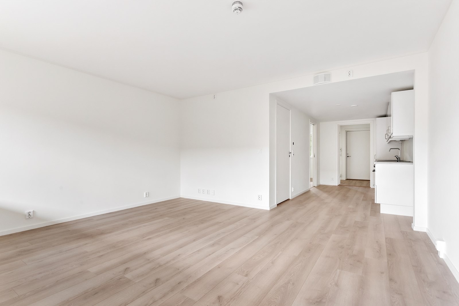 Leilighetene har lyse oppholdsrom med samme hvitmalte vegger og tak og laminat på gulvet slik som entre ( ikke varmekabler i kjøkken/stue) Galleribilde