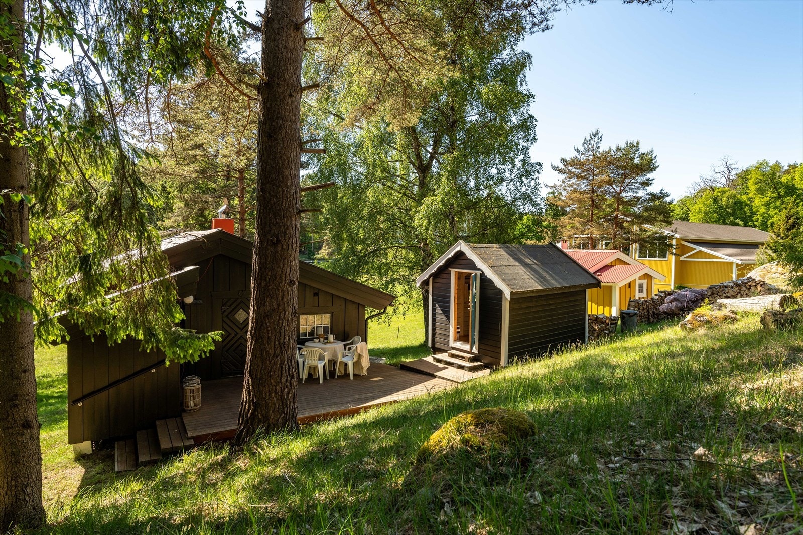 Hytta fra 1964 fremstår enkel og sjarmerende med brunbeiset kledning og rødt tak, liggende i en skråning med opphøyet front og overbygd veranda. Galleribilde