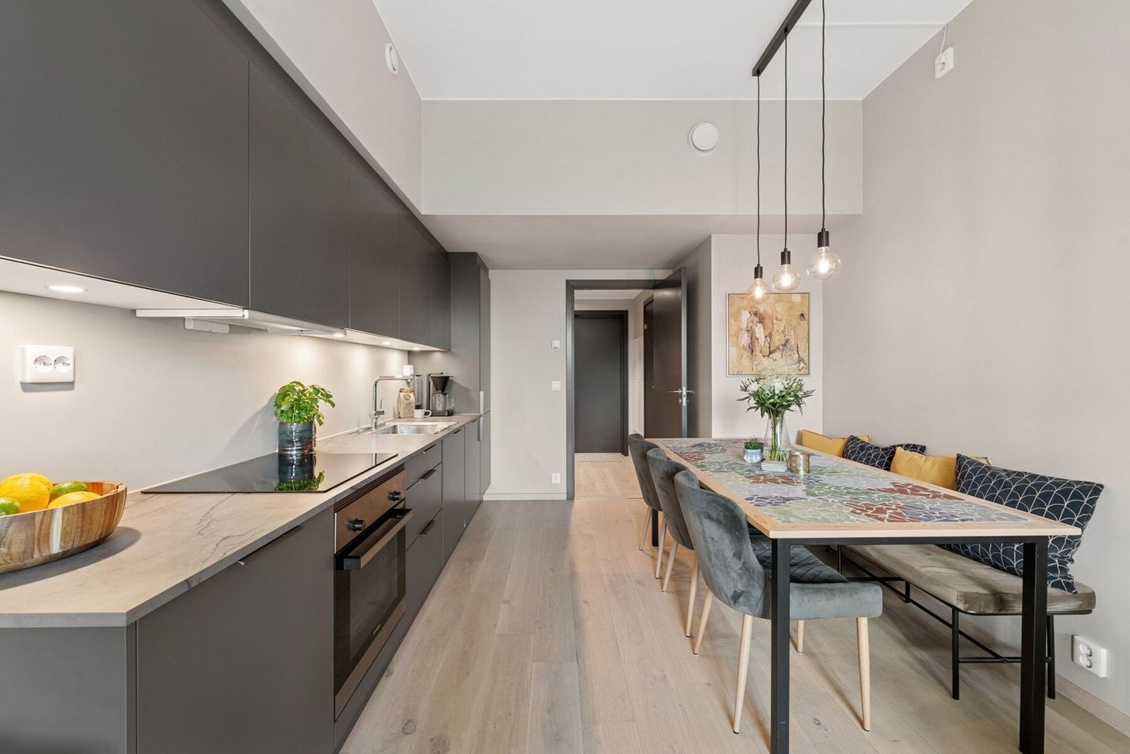 Det er integrerte hvitevarer og god plass til spisegruppe tilknyttet kjøkkenet. Galleribilde