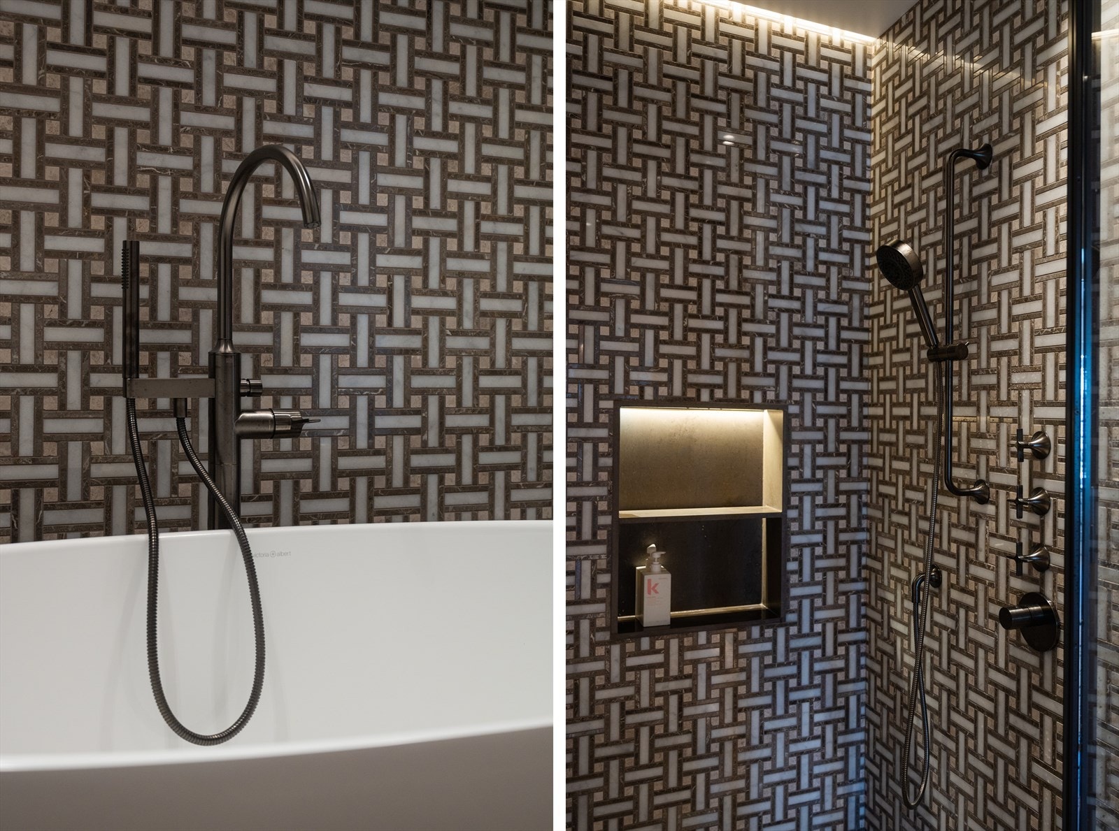 Eksklusive fliser fra Find Surfaces, Avalon Marble Square Lattice lagt i mosaikk mønster. Galleribilde