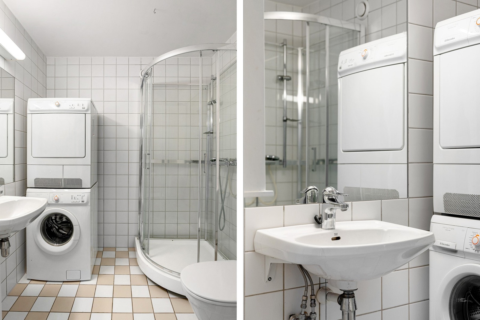 Vegghengt skap, dusjhjørne med dører og gulvstående toalett. Galleribilde