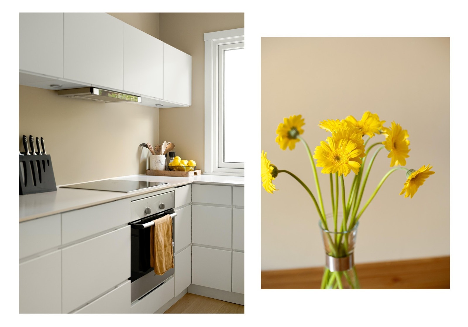 Innredningen består av glatte fronter, kompaktlaminat benkeplater, integrert koketopp, stekeovn, oppvaskmaskin og kombiskap. Galleribilde