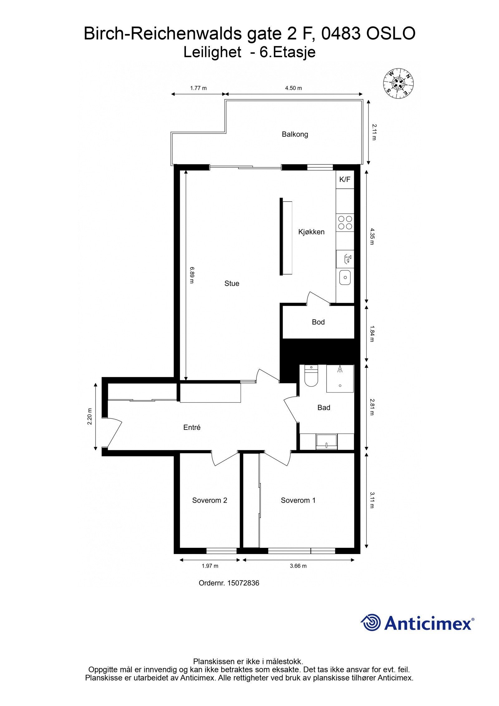 Plantegning 6. etasje med heis. I tillegg disponerer leiligheten en garasjeplass med elbil-lader i felles garasjeanlegg, samt en bod på ca. 6m². Galleribilde