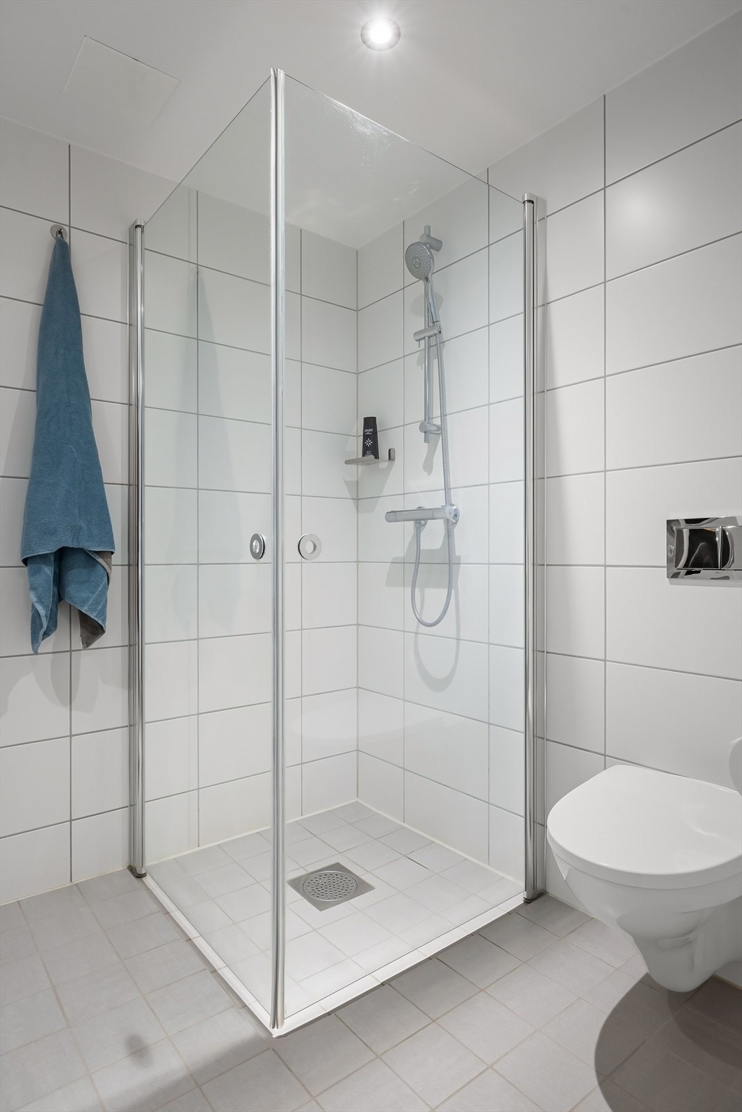 Badet har videre dusjhjørne med innfellbare glassdører og vegghengt toalett med innebygd sisterne Galleribilde