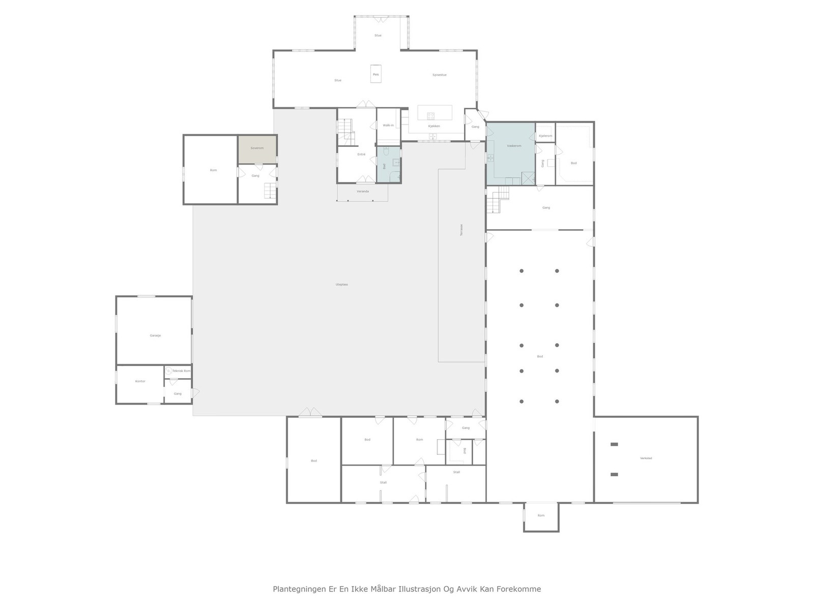 Plantegning 1.etasje på bolig, stabbur, garasje og fjøs. Galleribilde