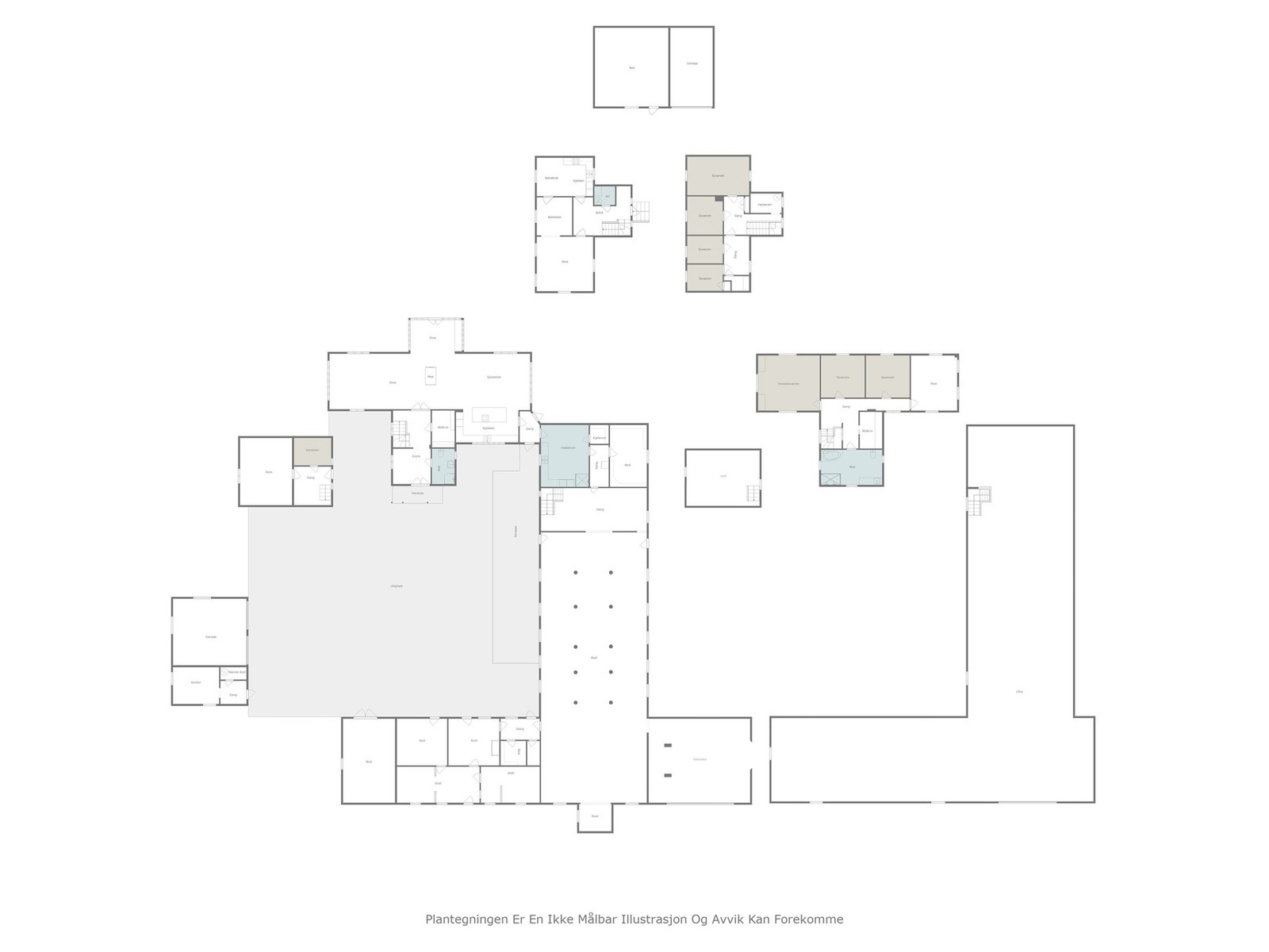 Plantegning 1 og 2.etasje på alle bygningene på gården. Galleribilde