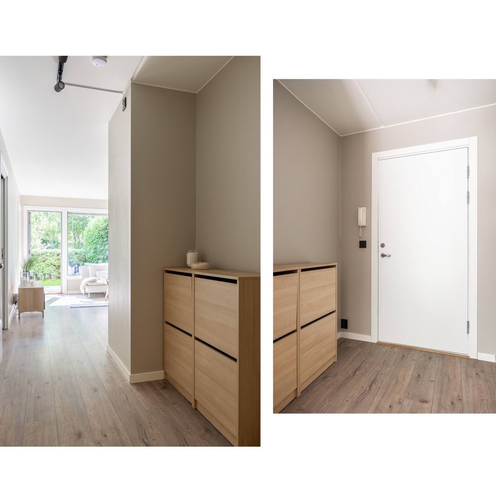 Romslig entré med plass for klesoppheng og oppbevaring av sko. Galleribilde