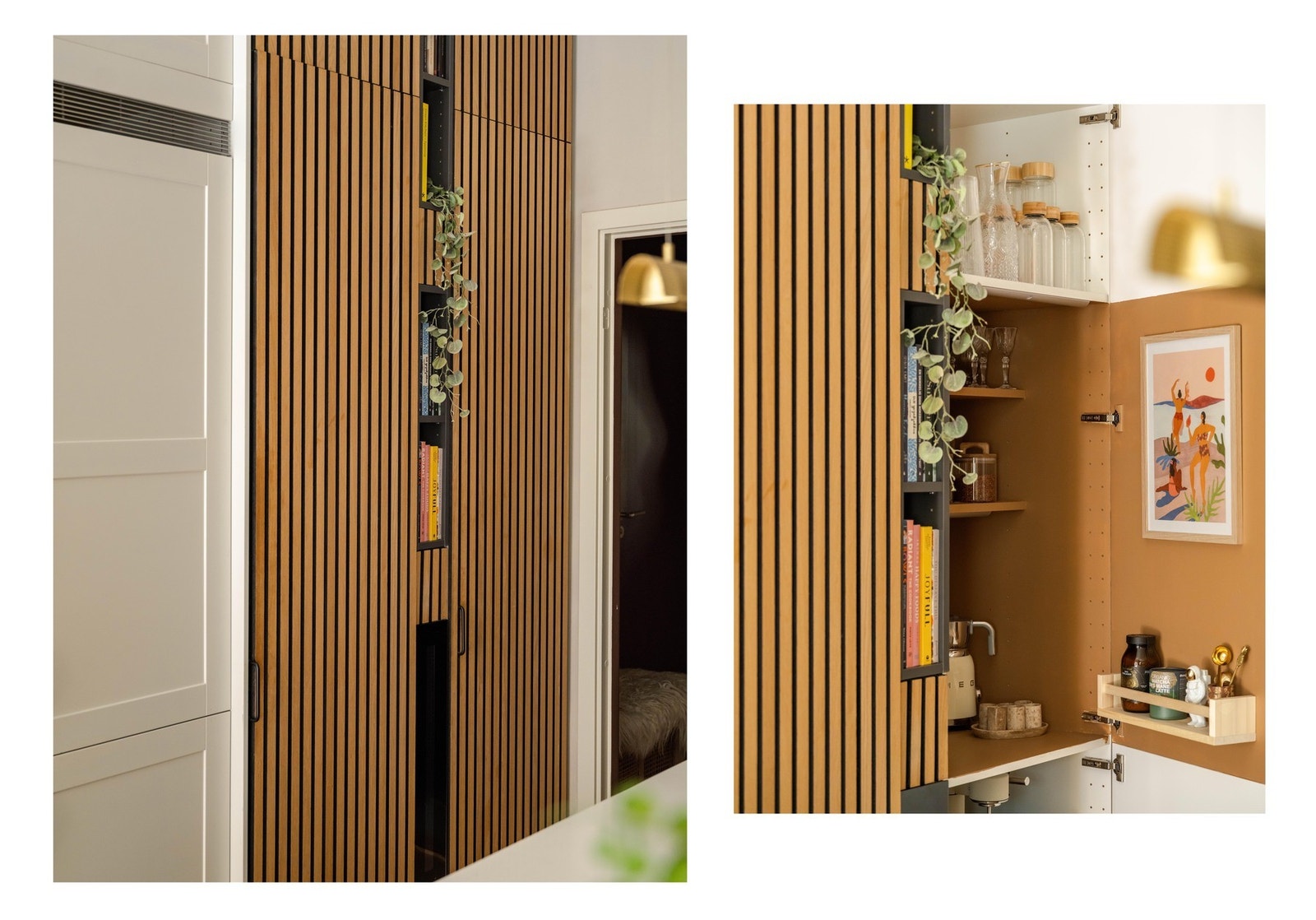 Kaffehjørne med strømuttak skjult bak spilevegg. Det er rikelig med oppbevaringsplass. Galleribilde