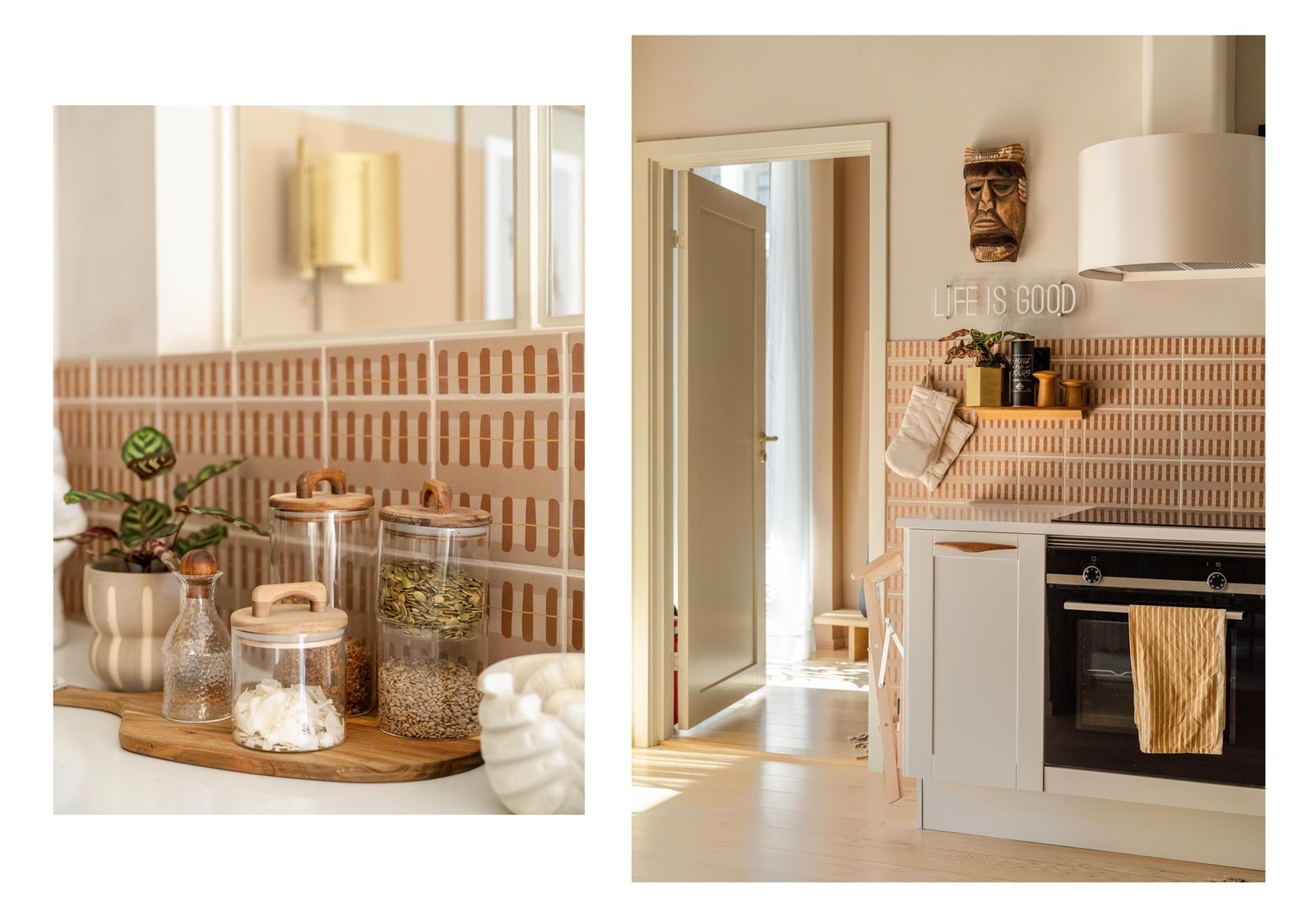 Nye delikate fliser bidrar til den røde tråden som er i leiligheten. Galleribilde