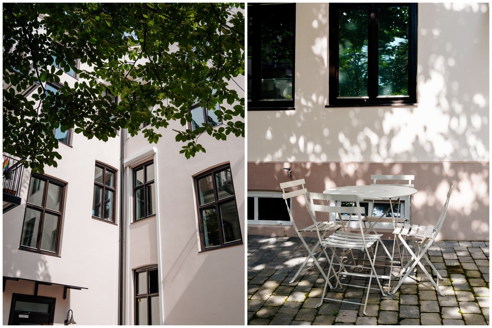 Pent opparbeidet gårdsrom med sittegrupper, sykkel-/barnevognparkering og beplantning. Galleribilde